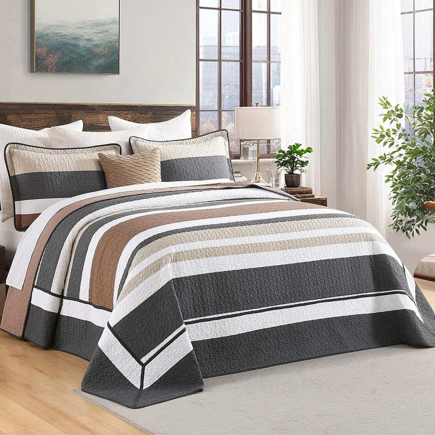 روتختی کالیفرنیا کینگ بزرگ سایز SahSahCasa با ابعاد 325x305 سانتی متر، ست لحاف راه راه 100% پنبه، رو تختی کالیفرنیا کینگ لحافی، روانداز بزرگ، لحاف سبک وزن XL، ذغالی/قهوه ای/بژ روتختی کالیفرنیا کینگ بزرگ سایز SahSahCasa با ابعاد 325x305 سانتی متر، ست لحاف راه راه 100% پنبه، رو تختی کالیفرنیا کینگ لحافی، روانداز بزرگ، لحاف سبک وزن XL، ذغالی/قهوه ای/بژ