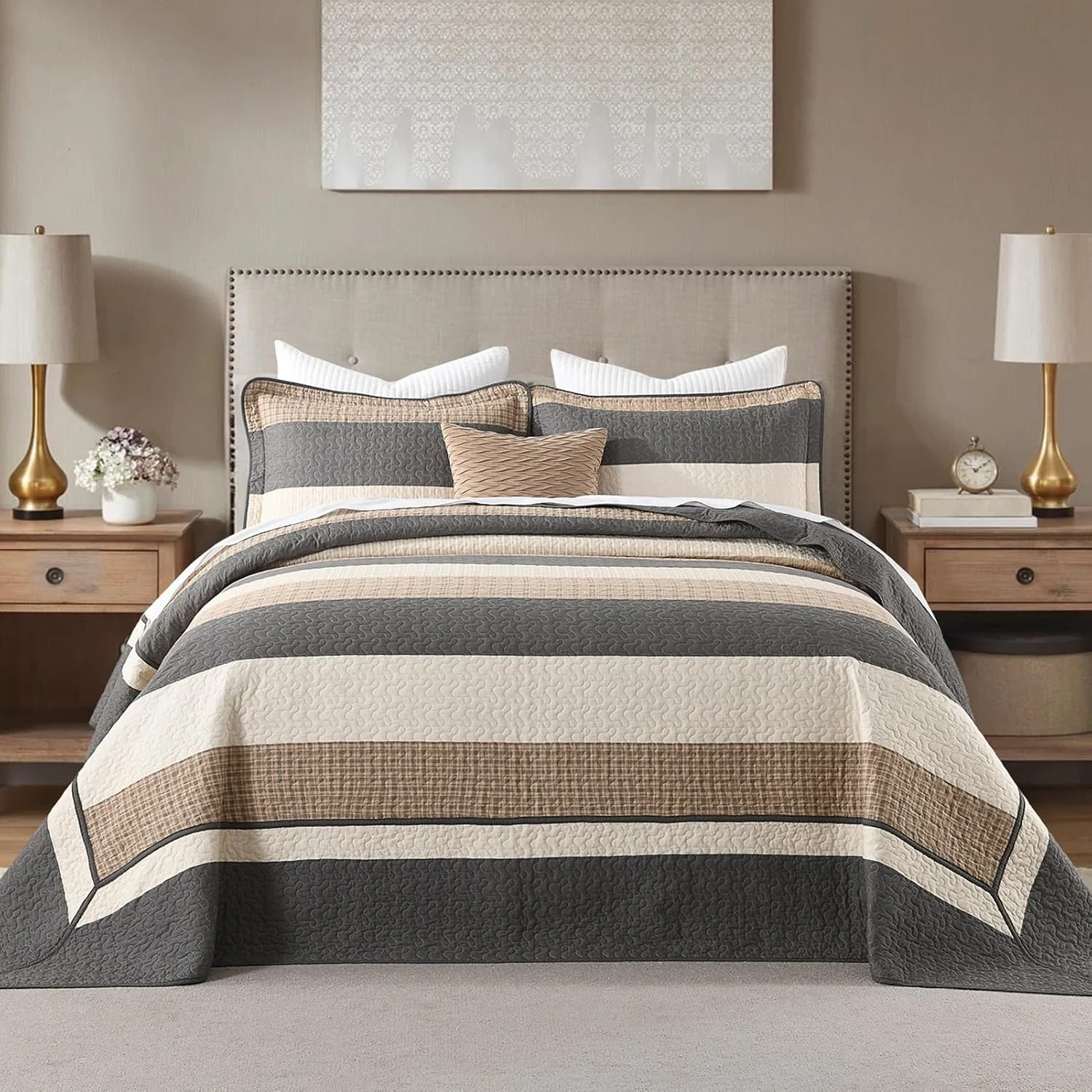 ست روتختی راه راه Finlonte سایز کوئین بزرگ، ست لحاف روتختی سبک وزن، زغالی/قهوه ای/بژ ست روتختی راه راه Finlonte سایز کوئین بزرگ، ست لحاف روتختی سبک وزن، زغالی/قهوه ای/بژ