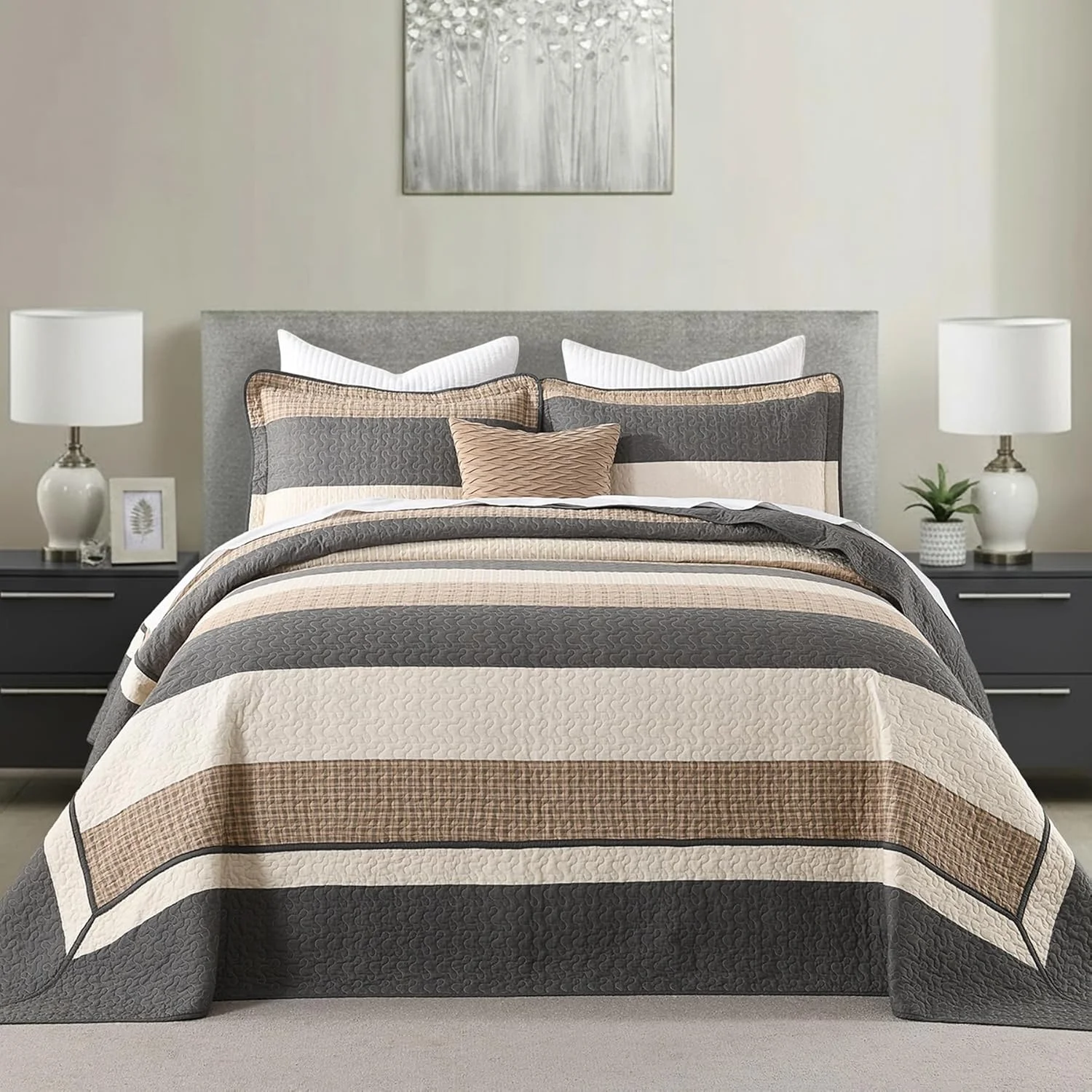 FineStichery 100% Cotton Oversized King Bedspread, 128x120 Extra Wide Quilt Set, Farmhouse Striped Quilted Bedding Set, Lightweight Soft Comforter, 3 Piece, Charcoal/Brown/Beige FineStichery 100% Cotton Oversized King Bedspread, 128x120 Extra Wide Quilt Set, Farmhouse Striped Quilted Bedding Set, Lightweight Soft Comforter, 3 Piece, Charcoal/Brown/Beige