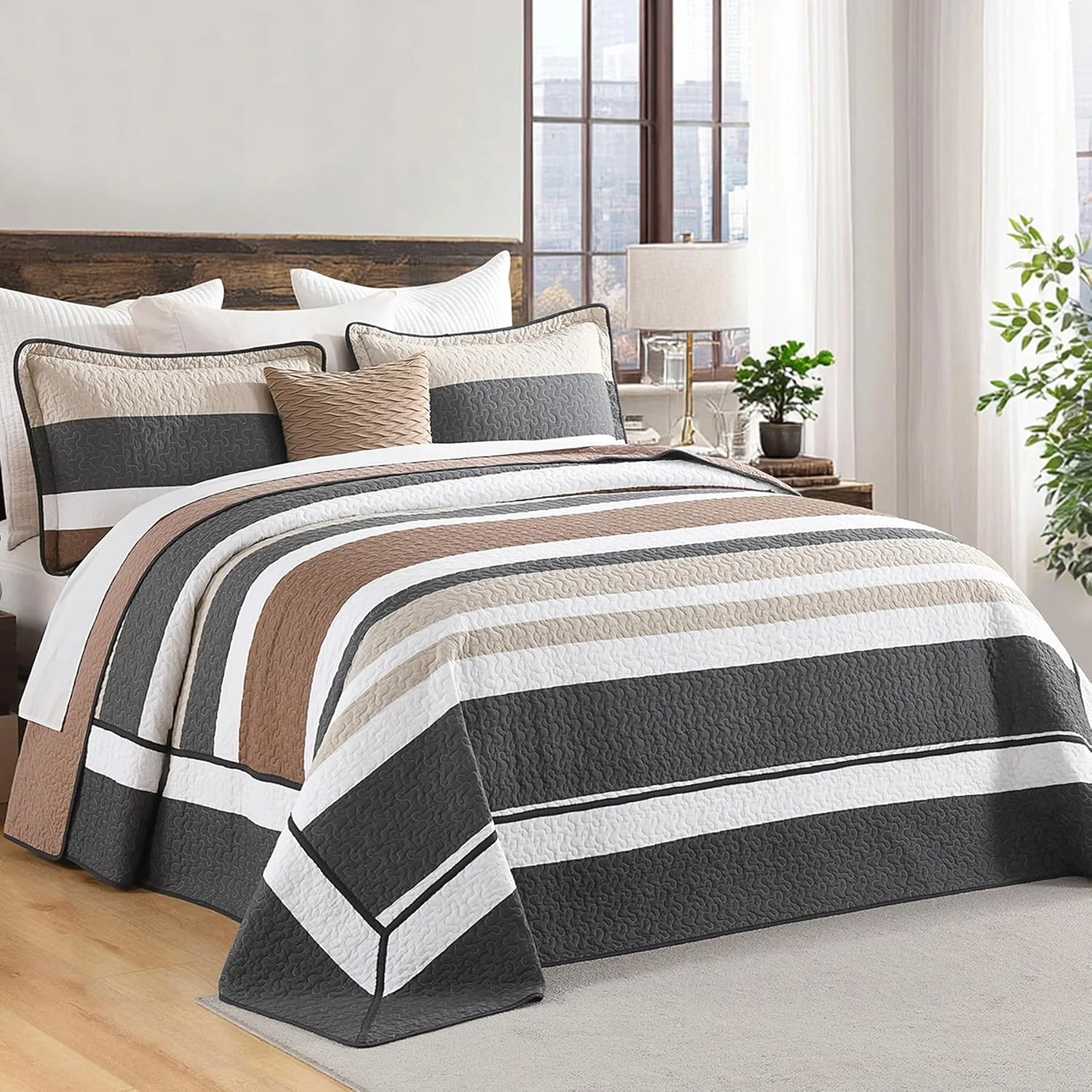 روتختی کینگ سایز بزرگ FineStichery ابعاد 325x305 سانتی متر - ست لحاف راه راه فوق العاده پهن 100% پنبه با روبالشتی، ست روتختی لحافی نرم و سبک وزن، مناسب تمام فصول، زغالی/قهوه ای/بژ روتختی کینگ سایز بزرگ FineStichery ابعاد 325x305 سانتی متر - ست لحاف راه راه فوق العاده پهن 100% پنبه با روبالشتی، ست روتختی لحافی نرم و سبک وزن، مناسب تمام فصول، زغالی/قهوه ای/بژ