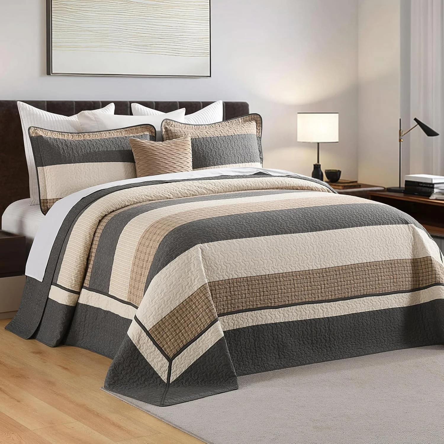 ست روتختی راه راه Finlonte سایز کوئین بزرگ، ست لحاف روتختی سبک وزن، زغالی/قهوه ای/بژ ست روتختی راه راه Finlonte سایز کوئین بزرگ، ست لحاف روتختی سبک وزن، زغالی/قهوه ای/بژ