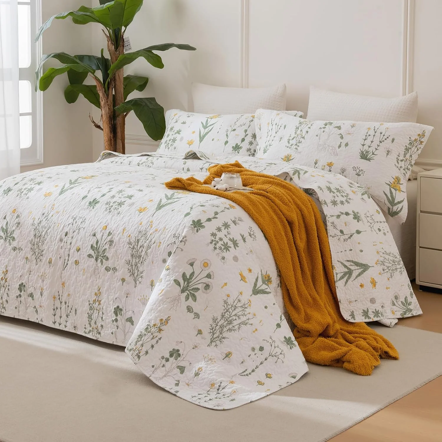 Sanracie Oversized King Bedspread 120"x120", 100% Cotton Botanical Printed Coquette Cottagecore Floral Quilt Set 3Pcs Soft Breathable Yellow Flower Green California King Bedspread for All Season Sanracie Oversized King Bedspread 120"x120", 100% Cotton Botanical Printed Coquette Cottagecore Floral Quilt Set 3Pcs Soft Breathable Yellow Flower Green California King Bedspread for All Season