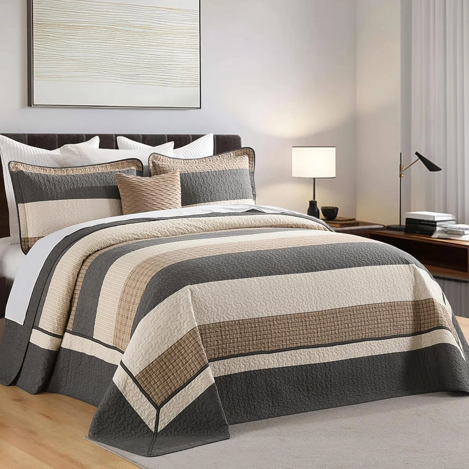 FineStichery 100% Cotton Oversized King Bedspread, 128x120 Extra Wide Quilt Set, Farmhouse Striped Quilted Bedding Set, Lightweight Soft Comforter, 3 Piece, Charcoal/Brown/Beige FineStichery 100% Cotton Oversized King Bedspread, 128x120 Extra Wide Quilt Set, Farmhouse Striped Quilted Bedding Set, Lightweight Soft Comforter, 3 Piece, Charcoal/Brown/Beige