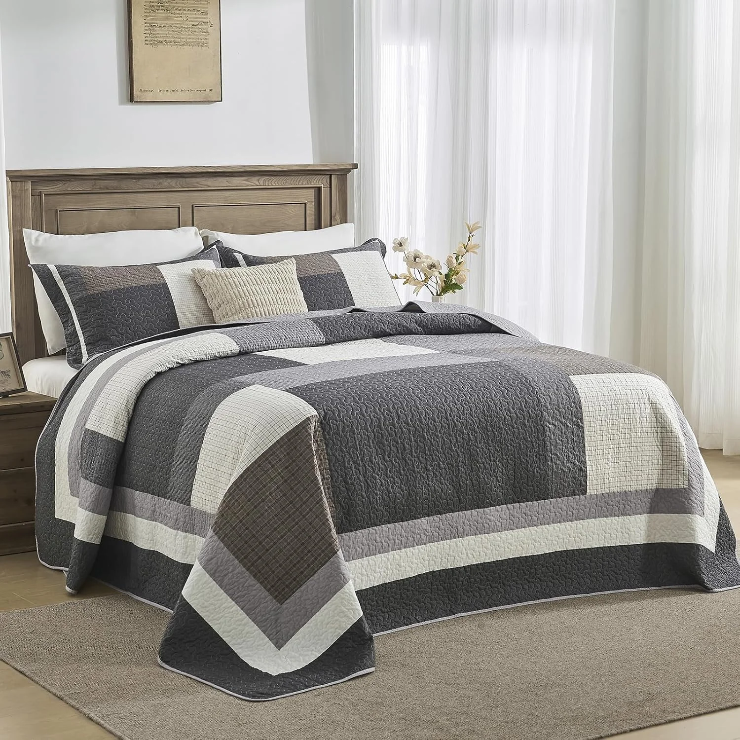 Finlonte 128"x120" Oversized King Bedspread - 100% Cotton Lightweight California King Quilted Coverlet Set, Modern Farmhouse Plaid Reversible Quilt Bedding with 2 Pillow Shams, Black/White/Brown/Gray Finlonte 128"x120" Oversized King Bedspread - 100% Cotton Lightweight California King Quilted Coverlet Set, Modern Farmhouse Plaid Reversible Quilt Bedding with 2 Pillow Shams, Black/White/Brown/Gray
