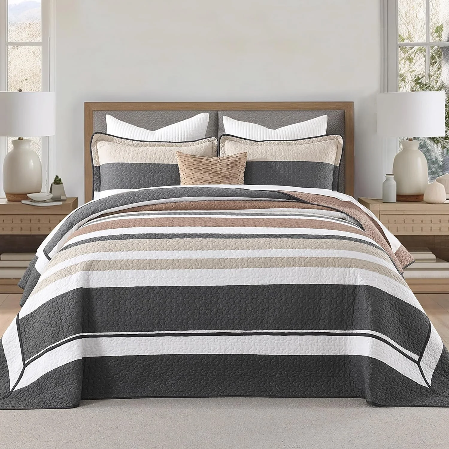 روتختی کینگ سایز بزرگ FineStichery ابعاد 325x305 سانتی متر - ست لحاف راه راه فوق العاده پهن 100% پنبه با روبالشتی، ست روتختی لحافی نرم و سبک وزن، مناسب تمام فصول، زغالی/قهوه ای/بژ روتختی کینگ سایز بزرگ FineStichery ابعاد 325x305 سانتی متر - ست لحاف راه راه فوق العاده پهن 100% پنبه با روبالشتی، ست روتختی لحافی نرم و سبک وزن، مناسب تمام فصول، زغالی/قهوه ای/بژ