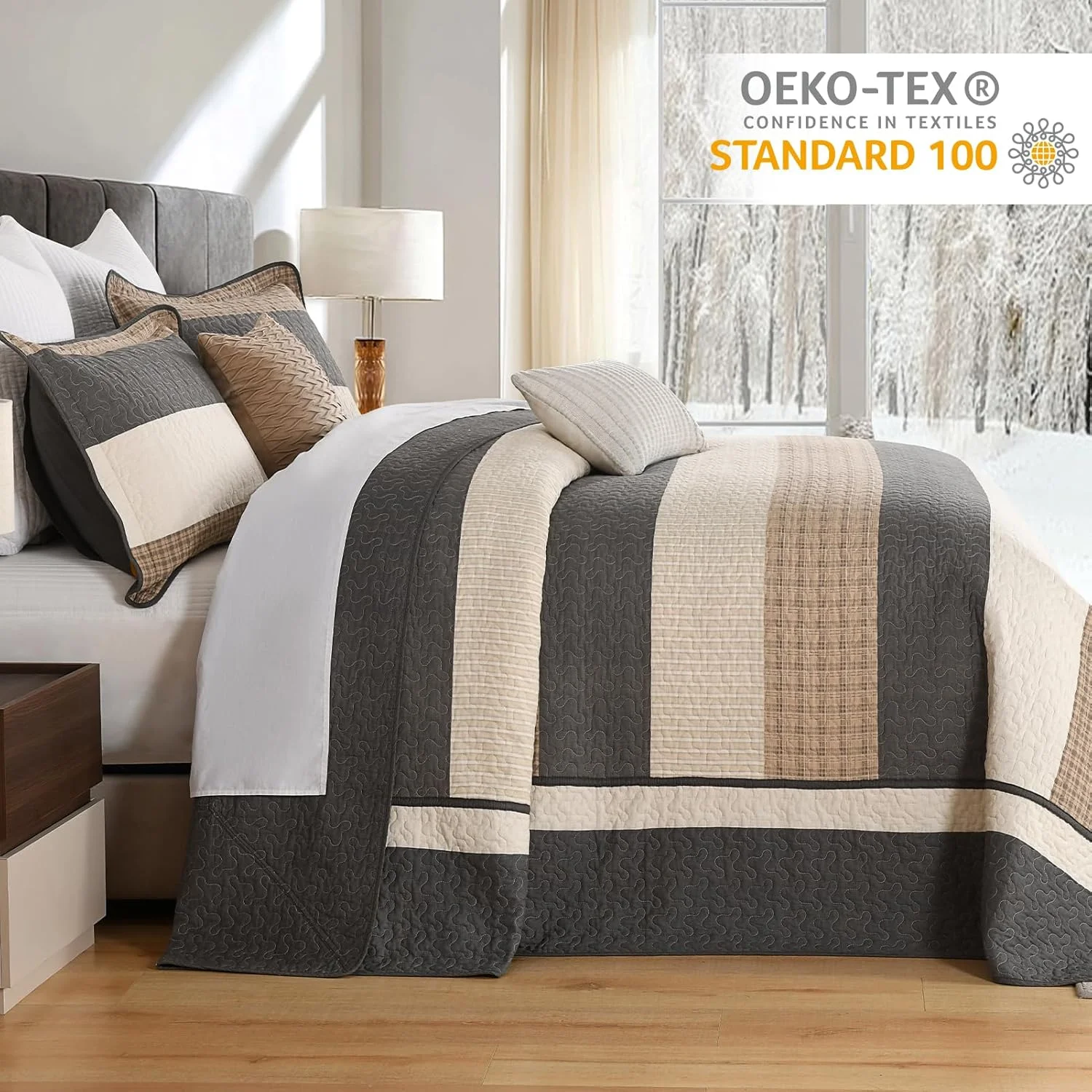 ست روتختی راه راه Finlonte سایز کوئین بزرگ، ست لحاف روتختی سبک وزن، زغالی/قهوه ای/بژ ست روتختی راه راه Finlonte سایز کوئین بزرگ، ست لحاف روتختی سبک وزن، زغالی/قهوه ای/بژ