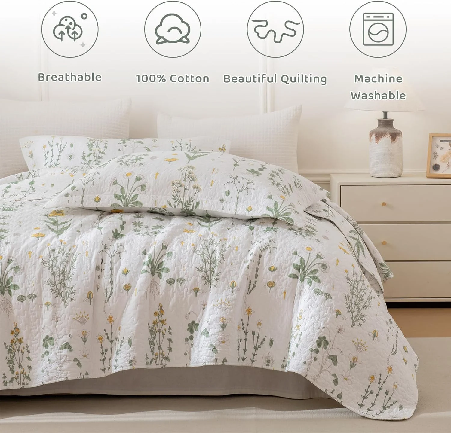 Sanracie Oversized King Bedspread 120"x120", 100% Cotton Botanical Printed Coquette Cottagecore Floral Quilt Set 3Pcs Soft Breathable Yellow Flower Green California King Bedspread for All Season Sanracie Oversized King Bedspread 120"x120", 100% Cotton Botanical Printed Coquette Cottagecore Floral Quilt Set 3Pcs Soft Breathable Yellow Flower Green California King Bedspread for All Season