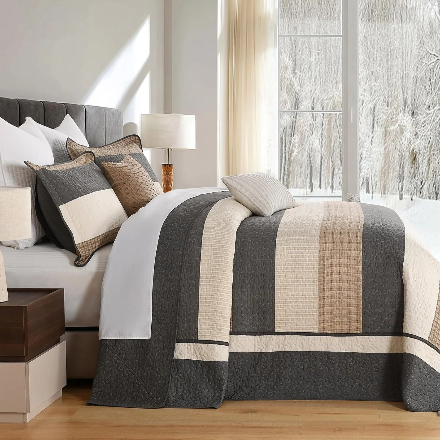 FineStichery 100% Cotton Oversized King Bedspread, 128x120 Extra Wide Quilt Set, Farmhouse Striped Quilted Bedding Set, Lightweight Soft Comforter, 3 Piece, Charcoal/Brown/Beige FineStichery 100% Cotton Oversized King Bedspread, 128x120 Extra Wide Quilt Set, Farmhouse Striped Quilted Bedding Set, Lightweight Soft Comforter, 3 Piece, Charcoal/Brown/Beige