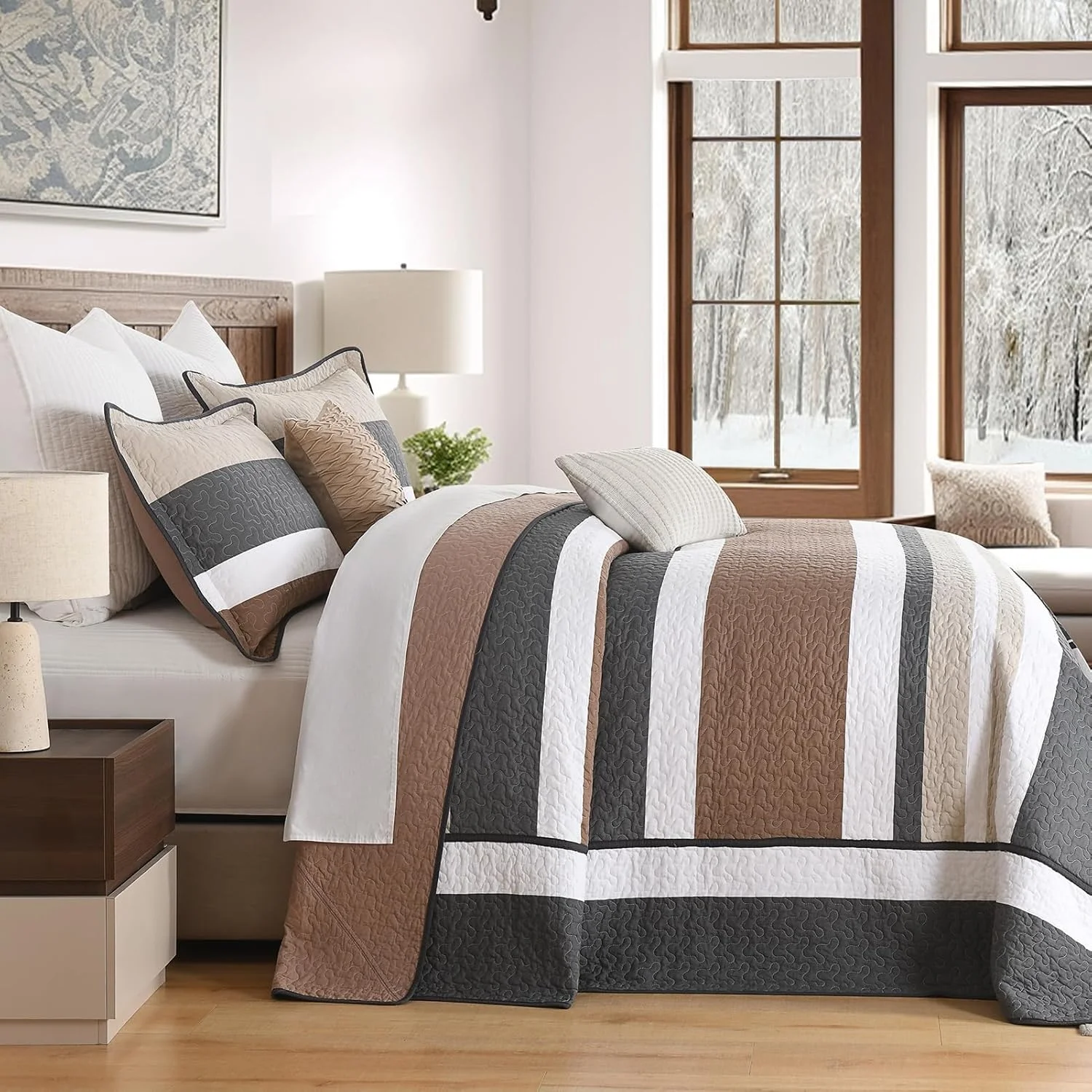 روتختی کینگ سایز بزرگ FineStichery ابعاد 325x305 سانتی متر - ست لحاف راه راه فوق العاده پهن 100% پنبه با روبالشتی، ست روتختی لحافی نرم و سبک وزن، مناسب تمام فصول، زغالی/قهوه ای/بژ روتختی کینگ سایز بزرگ FineStichery ابعاد 325x305 سانتی متر - ست لحاف راه راه فوق العاده پهن 100% پنبه با روبالشتی، ست روتختی لحافی نرم و سبک وزن، مناسب تمام فصول، زغالی/قهوه ای/بژ