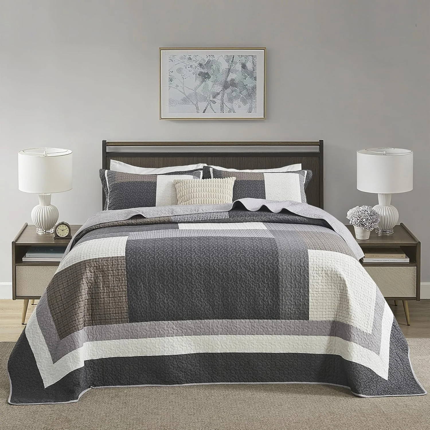 Finlonte 128"x120" Oversized King Bedspread - 100% Cotton Lightweight California King Quilted Coverlet Set, Modern Farmhouse Plaid Reversible Quilt Bedding with 2 Pillow Shams, Black/White/Brown/Gray