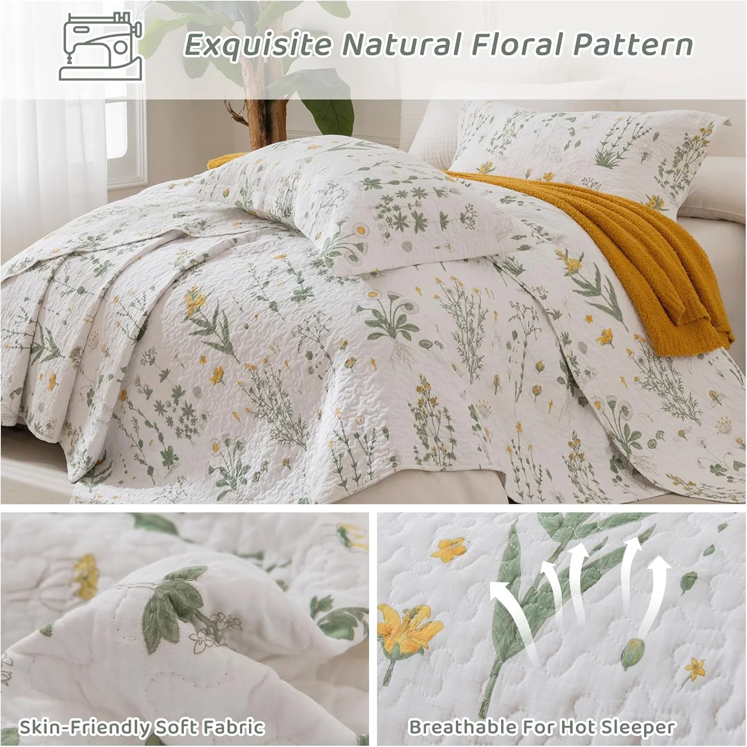 Sanracie Oversized King Bedspread 120"x120", 100% Cotton Botanical Printed Coquette Cottagecore Floral Quilt Set 3Pcs Soft Breathable Yellow Flower Green California King Bedspread for All Season Sanracie Oversized King Bedspread 120"x120", 100% Cotton Botanical Printed Coquette Cottagecore Floral Quilt Set 3Pcs Soft Breathable Yellow Flower Green California King Bedspread for All Season