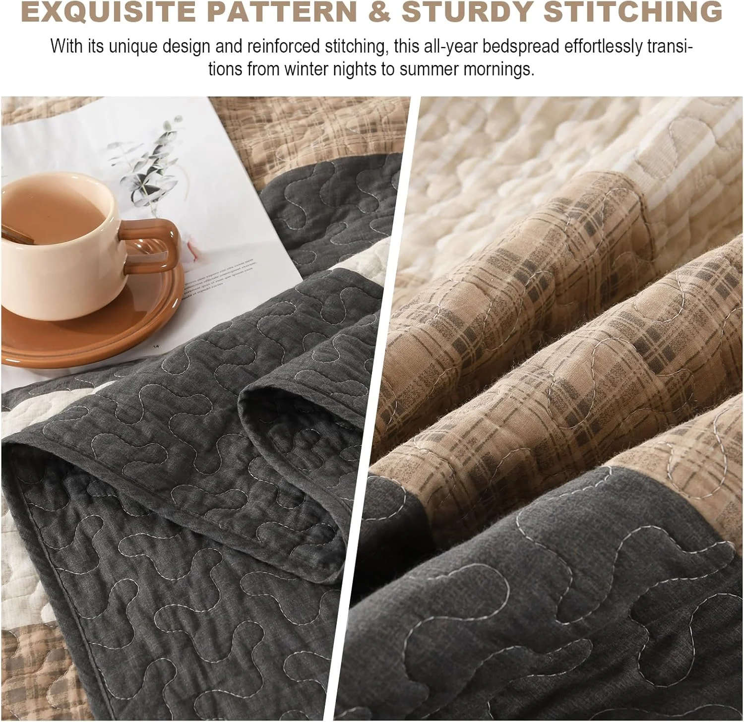 FineStichery 100% Cotton Oversized King Bedspread, 128x120 Extra Wide Quilt Set, Farmhouse Striped Quilted Bedding Set, Lightweight Soft Comforter, 3 Piece, Charcoal/Brown/Beige FineStichery 100% Cotton Oversized King Bedspread, 128x120 Extra Wide Quilt Set, Farmhouse Striped Quilted Bedding Set, Lightweight Soft Comforter, 3 Piece, Charcoal/Brown/Beige