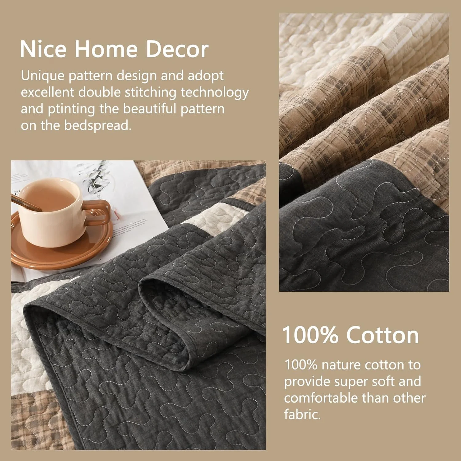 ست روتختی راه راه Finlonte سایز کوئین بزرگ، ست لحاف روتختی سبک وزن، زغالی/قهوه ای/بژ ست روتختی راه راه Finlonte سایز کوئین بزرگ، ست لحاف روتختی سبک وزن، زغالی/قهوه ای/بژ