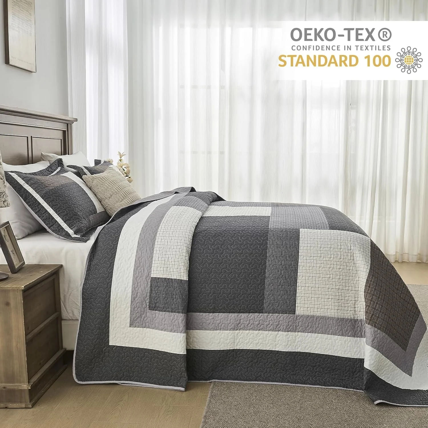 Finlonte 128"x120" Oversized King Bedspread - 100% Cotton Lightweight California King Quilted Coverlet Set, Modern Farmhouse Plaid Reversible Quilt Bedding with 2 Pillow Shams, Black/White/Brown/Gray