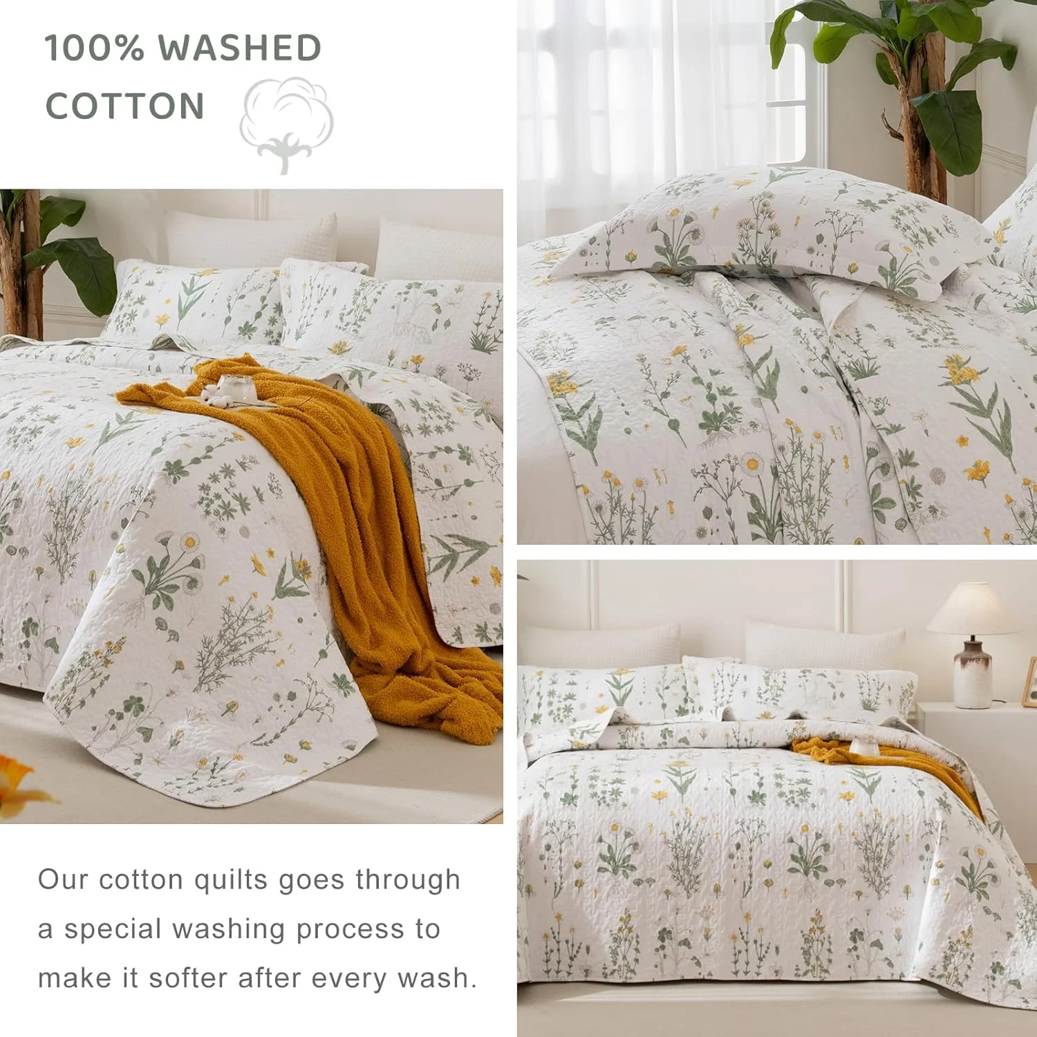 Sanracie Oversized King Bedspread 120"x120", 100% Cotton Botanical Printed Coquette Cottagecore Floral Quilt Set 3Pcs Soft Breathable Yellow Flower Green California King Bedspread for All Season Sanracie Oversized King Bedspread 120"x120", 100% Cotton Botanical Printed Coquette Cottagecore Floral Quilt Set 3Pcs Soft Breathable Yellow Flower Green California King Bedspread for All Season