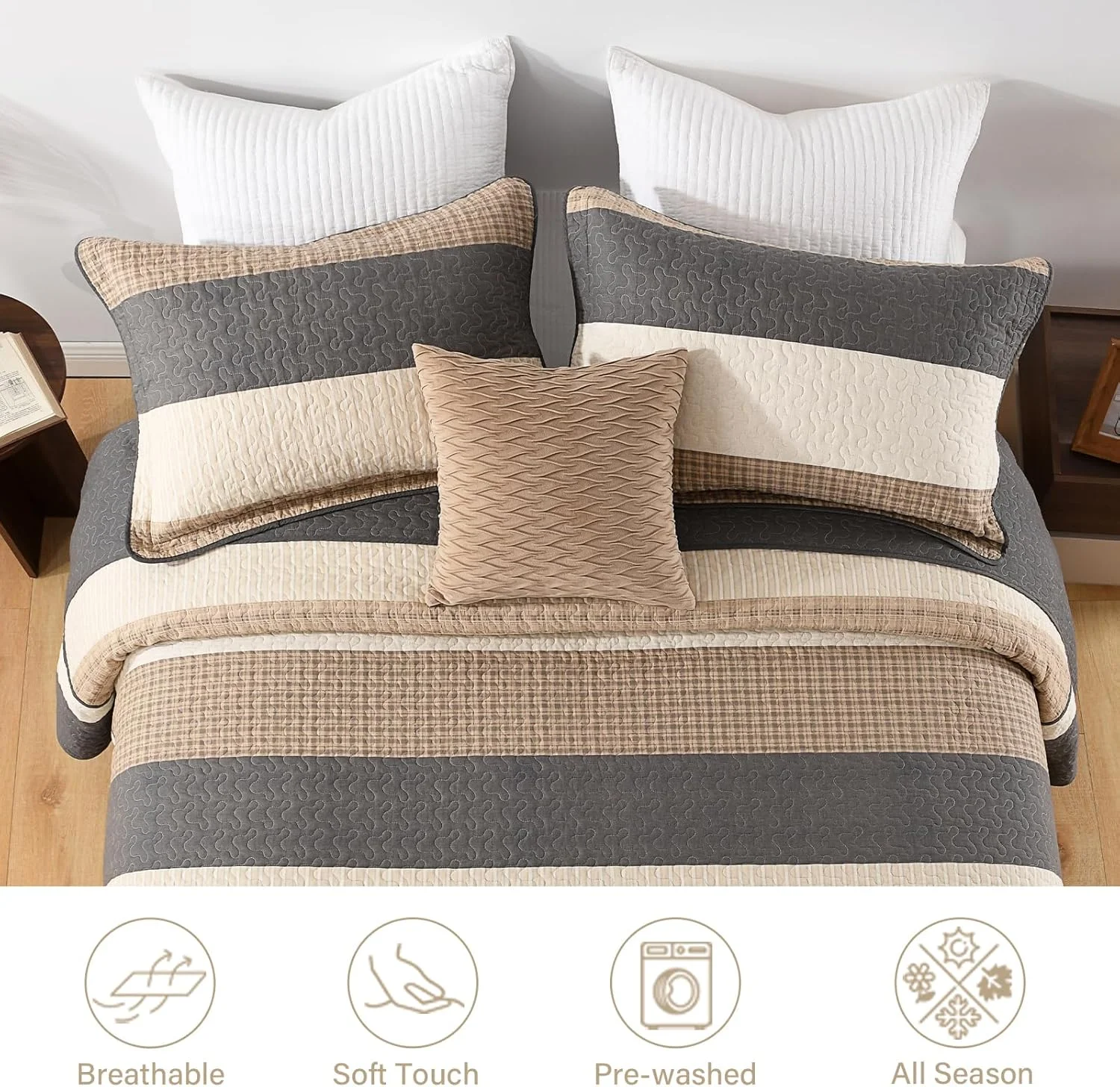 ست روتختی راه راه Finlonte سایز کوئین بزرگ، ست لحاف روتختی سبک وزن، زغالی/قهوه ای/بژ ست روتختی راه راه Finlonte سایز کوئین بزرگ، ست لحاف روتختی سبک وزن، زغالی/قهوه ای/بژ