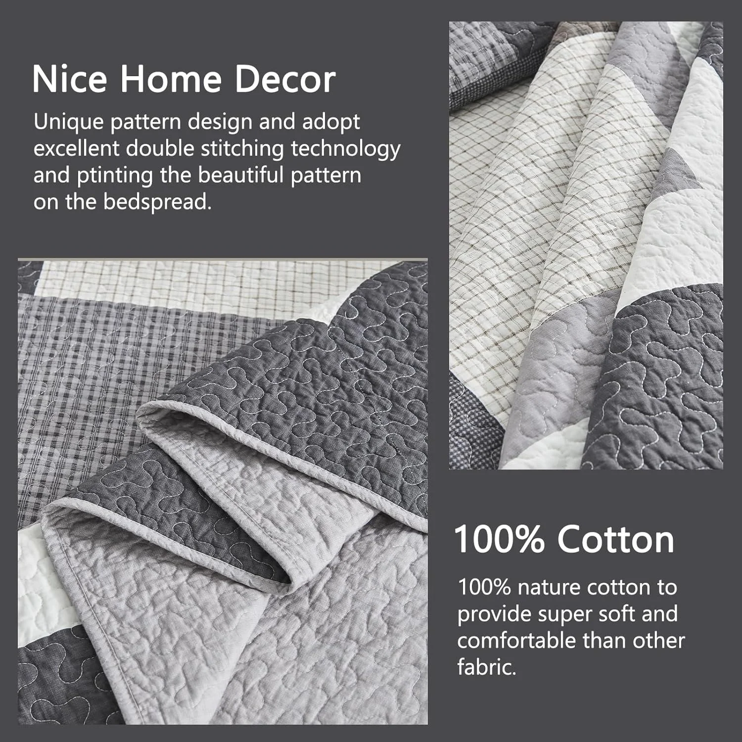 Finlonte 128"x120" Oversized King Bedspread - 100% Cotton Lightweight California King Quilted Coverlet Set, Modern Farmhouse Plaid Reversible Quilt Bedding with 2 Pillow Shams, Black/White/Brown/Gray