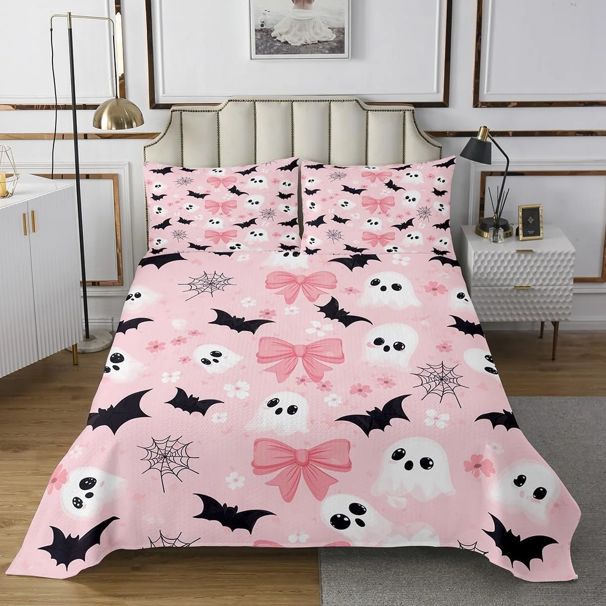 Feelyou Happy Halloween Bedspread Queen Size Cute Ghost Bow Coverlet Set Pink Black White Quilted Coverlet for All Season with 2 Pillowcases Bats Cobweb Microfiber Lightweight Feelyou Happy Halloween Bedspread Queen Size Cute Ghost Bow Coverlet Set Pink Black White Quilted Coverlet for All Season with 2 Pillowcases Bats Cobweb Microfiber Lightweight