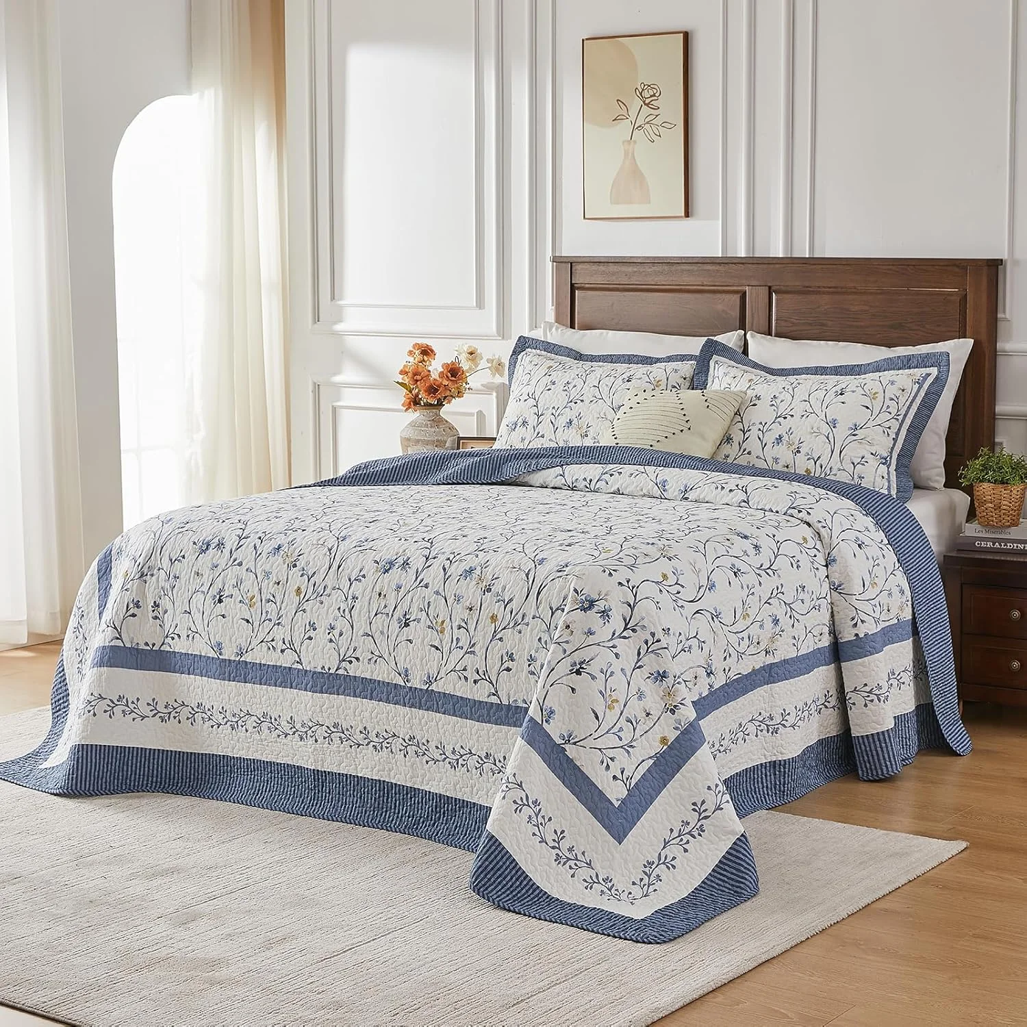 Bedduvit Blue Floral Oversized King Bedspread Set - 100% Cotton 120"x120" Extra Large Quilts King Size, Farmhouse Botanical Bedspreads Coverlet, All Season Lightweight Quilt, 3pcs, Blue/White/Yellow Bedduvit Blue Floral Oversized King Bedspread Set - 100% Cotton 120"x120" Extra Large Quilts King Size, Farmhouse Botanical Bedspreads Coverlet, All Season Lightweight Quilt, 3pcs, Blue/White/Yellow