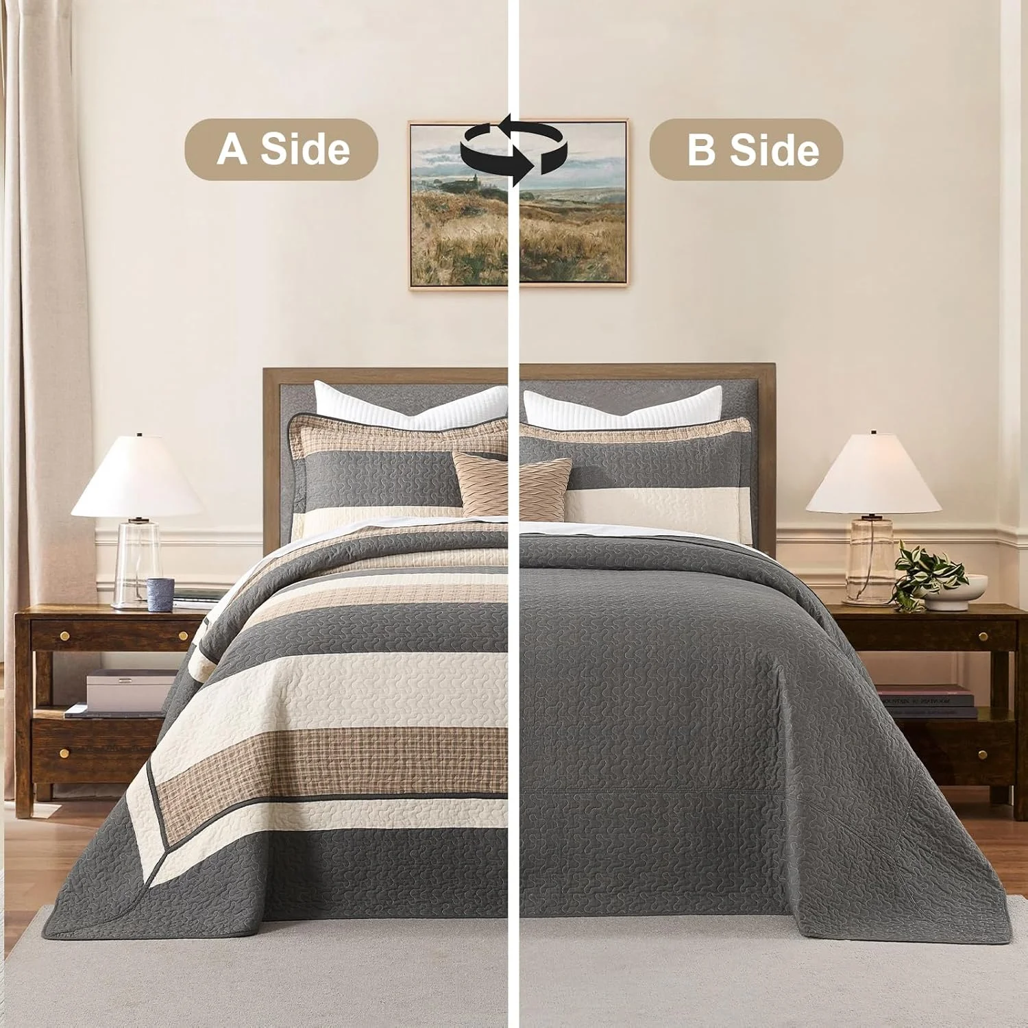 ست روتختی راه راه Finlonte سایز کوئین بزرگ، ست لحاف روتختی سبک وزن، زغالی/قهوه ای/بژ ست روتختی راه راه Finlonte سایز کوئین بزرگ، ست لحاف روتختی سبک وزن، زغالی/قهوه ای/بژ