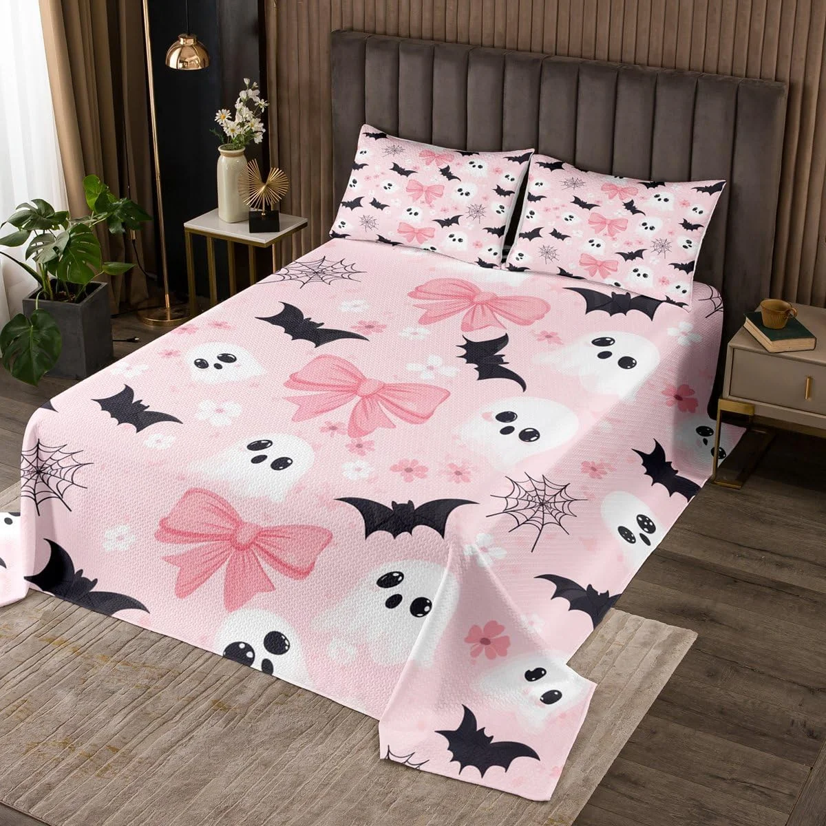 Feelyou Happy Halloween Bedspread Queen Size Cute Ghost Bow Coverlet Set Pink Black White Quilted Coverlet for All Season with 2 Pillowcases Bats Cobweb Microfiber Lightweight Feelyou Happy Halloween Bedspread Queen Size Cute Ghost Bow Coverlet Set Pink Black White Quilted Coverlet for All Season with 2 Pillowcases Bats Cobweb Microfiber Lightweight