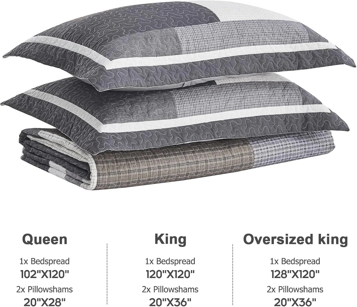 Finlonte 128"x120" Oversized King Bedspread - 100% Cotton Lightweight California King Quilted Coverlet Set, Modern Farmhouse Plaid Reversible Quilt Bedding with 2 Pillow Shams, Black/White/Brown/Gray