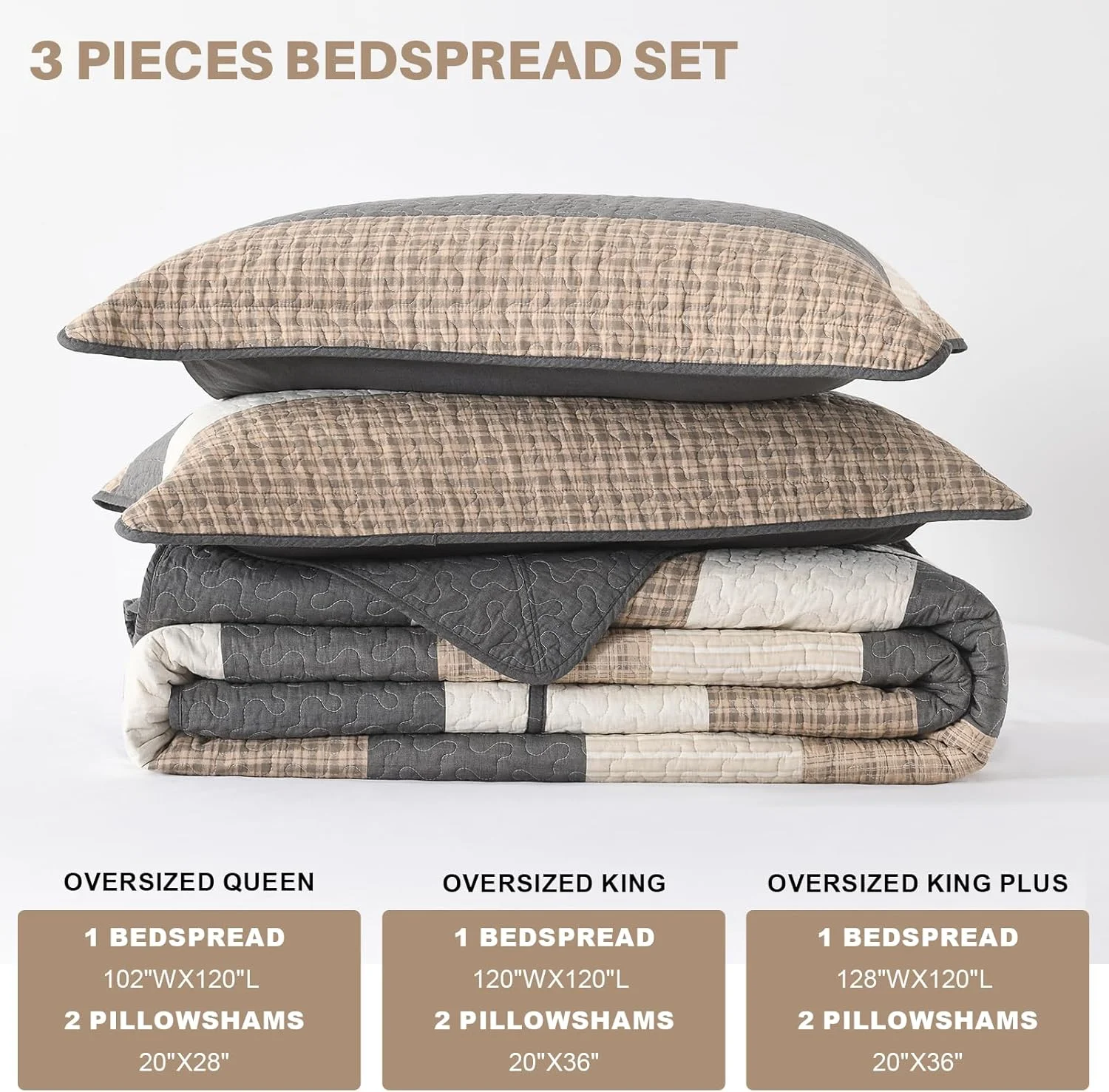 FineStichery 100% Cotton Oversized King Bedspread, 128x120 Extra Wide Quilt Set, Farmhouse Striped Quilted Bedding Set, Lightweight Soft Comforter, 3 Piece, Charcoal/Brown/Beige FineStichery 100% Cotton Oversized King Bedspread, 128x120 Extra Wide Quilt Set, Farmhouse Striped Quilted Bedding Set, Lightweight Soft Comforter, 3 Piece, Charcoal/Brown/Beige