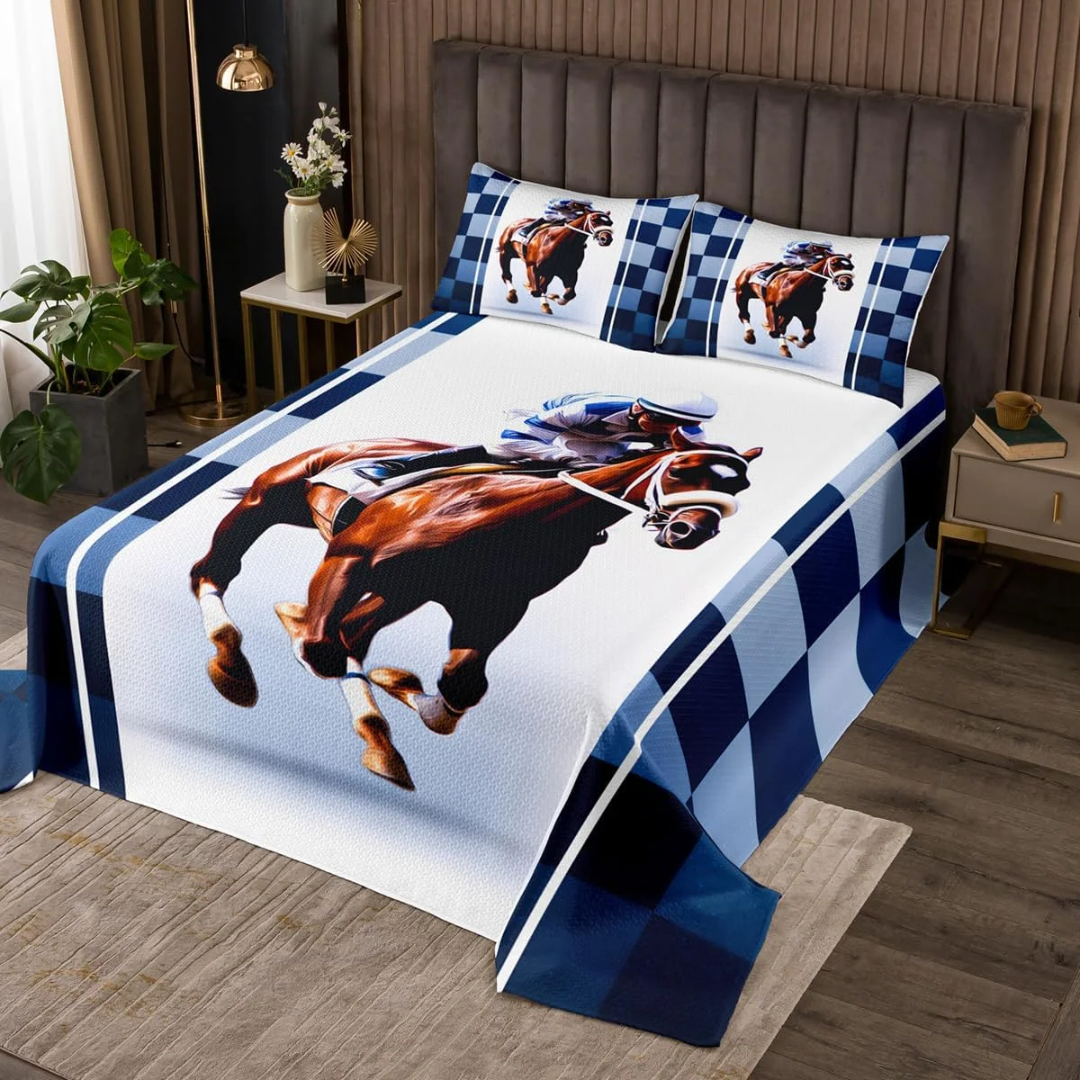 روتختی طرح اسب Jejeloiu سایز کوئین، ست رو تختی طرح اسب در حال تاخت و تاز، رو تختی لحافی طرح گاوچران های وسترن مناسب تمام فصول به همراه 2 روبالشتی، میکروفایبر سبک وزن طرح خانه روستایی آبی قهوه ای