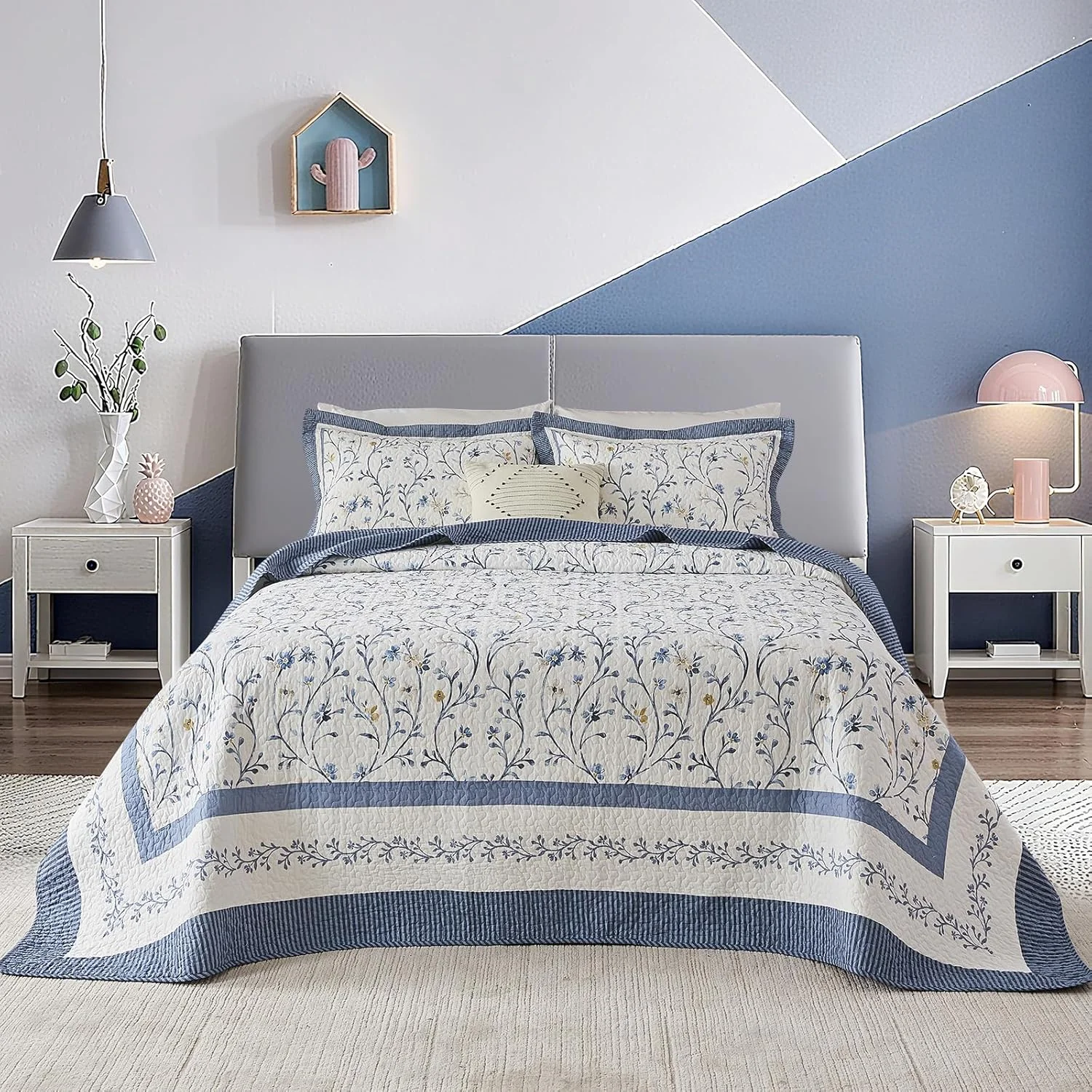 Bedduvit Blue Floral Oversized King Bedspread Set - 100% Cotton 120"x120" Extra Large Quilts King Size, Farmhouse Botanical Bedspreads Coverlet, All Season Lightweight Quilt, 3pcs, Blue/White/Yellow