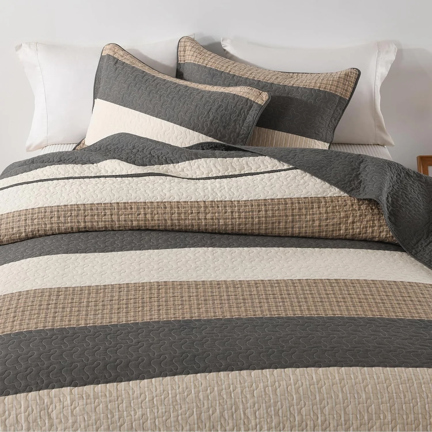 ست روتختی راه راه Finlonte سایز کوئین بزرگ، ست لحاف روتختی سبک وزن، زغالی/قهوه ای/بژ ست روتختی راه راه Finlonte سایز کوئین بزرگ، ست لحاف روتختی سبک وزن، زغالی/قهوه ای/بژ