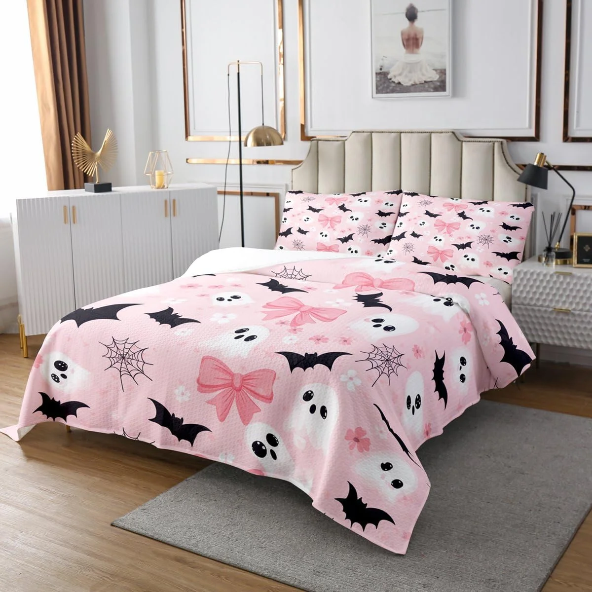 Feelyou Happy Halloween Bedspread Queen Size Cute Ghost Bow Coverlet Set Pink Black White Quilted Coverlet for All Season with 2 Pillowcases Bats Cobweb Microfiber Lightweight Feelyou Happy Halloween Bedspread Queen Size Cute Ghost Bow Coverlet Set Pink Black White Quilted Coverlet for All Season with 2 Pillowcases Bats Cobweb Microfiber Lightweight