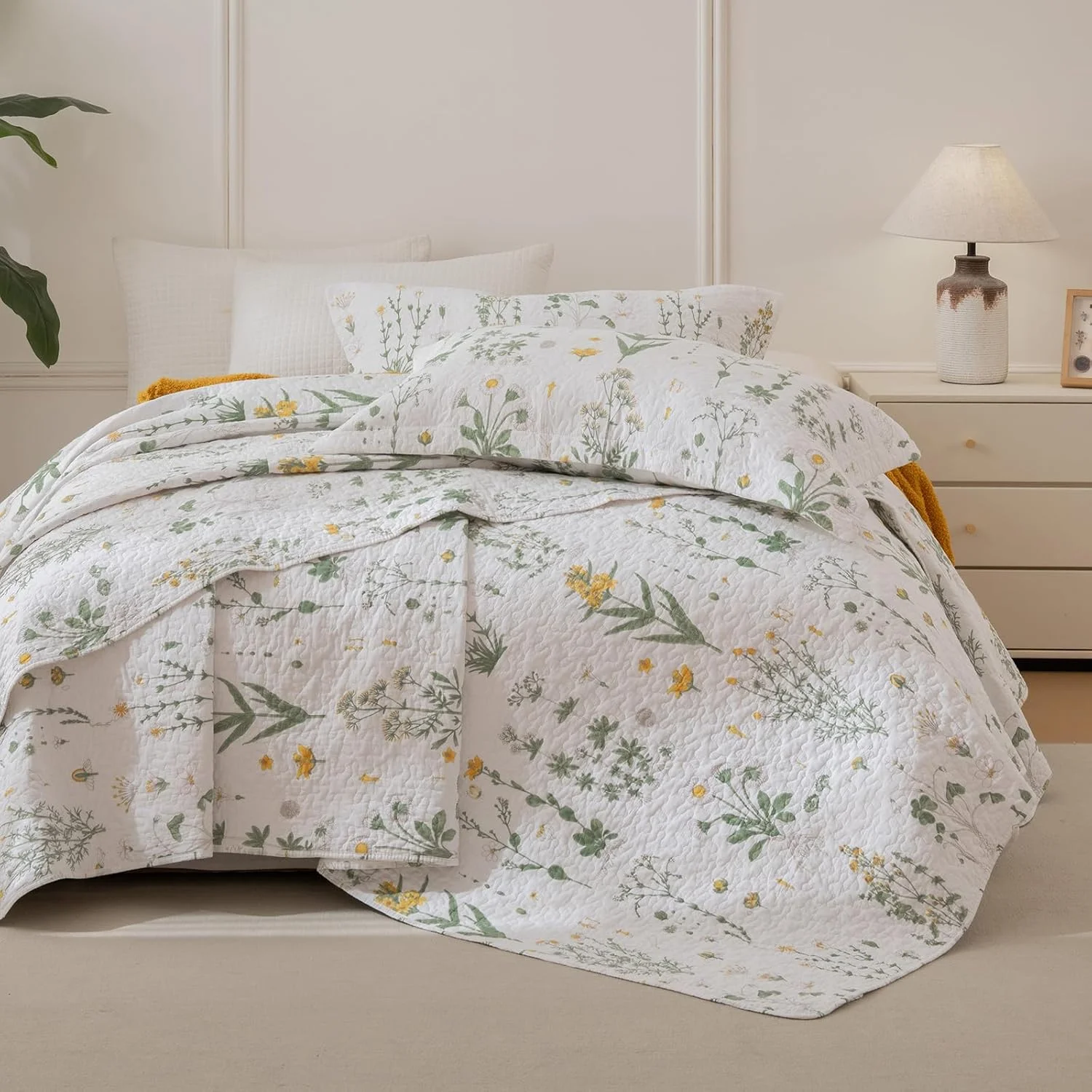 Sanracie Oversized King Bedspread 120"x120", 100% Cotton Botanical Printed Coquette Cottagecore Floral Quilt Set 3Pcs Soft Breathable Yellow Flower Green California King Bedspread for All Season Sanracie Oversized King Bedspread 120"x120", 100% Cotton Botanical Printed Coquette Cottagecore Floral Quilt Set 3Pcs Soft Breathable Yellow Flower Green California King Bedspread for All Season
