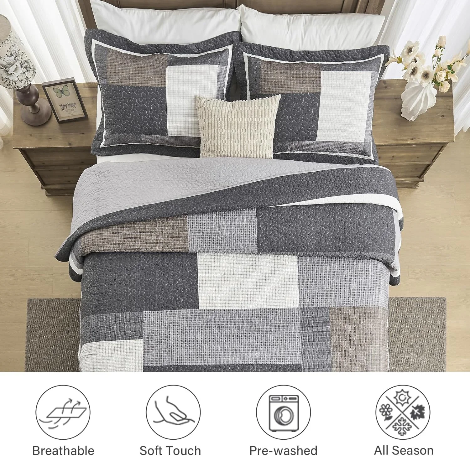Finlonte 128"x120" Oversized King Bedspread - 100% Cotton Lightweight California King Quilted Coverlet Set, Modern Farmhouse Plaid Reversible Quilt Bedding with 2 Pillow Shams, Black/White/Brown/Gray
