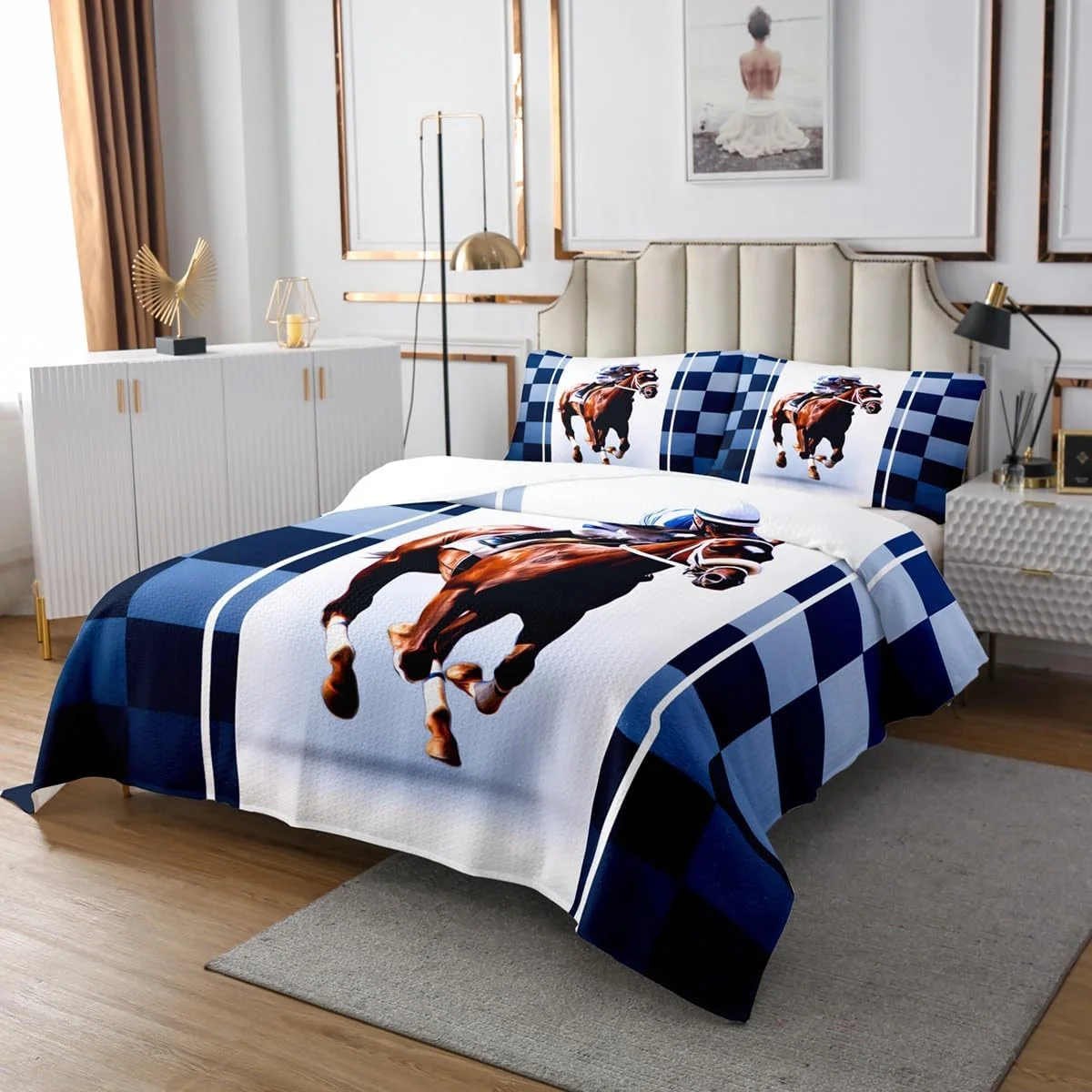 روتختی طرح اسب Jejeloiu سایز کوئین، ست رو تختی طرح اسب در حال تاخت و تاز، رو تختی لحافی طرح گاوچران های وسترن مناسب تمام فصول به همراه 2 روبالشتی، میکروفایبر سبک وزن طرح خانه روستایی آبی قهوه ای