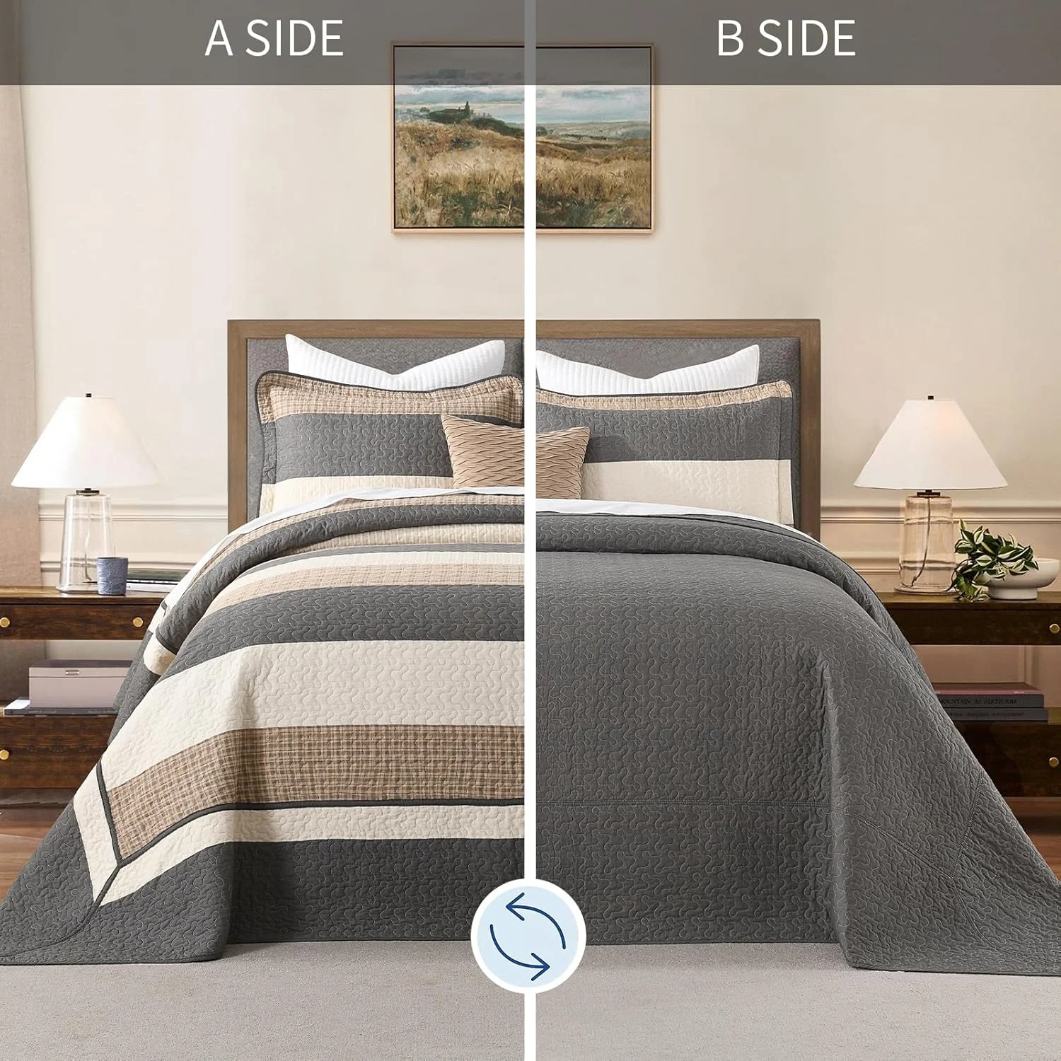 FineStichery 100% Cotton Oversized King Bedspread, 128x120 Extra Wide Quilt Set, Farmhouse Striped Quilted Bedding Set, Lightweight Soft Comforter, 3 Piece, Charcoal/Brown/Beige FineStichery 100% Cotton Oversized King Bedspread, 128x120 Extra Wide Quilt Set, Farmhouse Striped Quilted Bedding Set, Lightweight Soft Comforter, 3 Piece, Charcoal/Brown/Beige