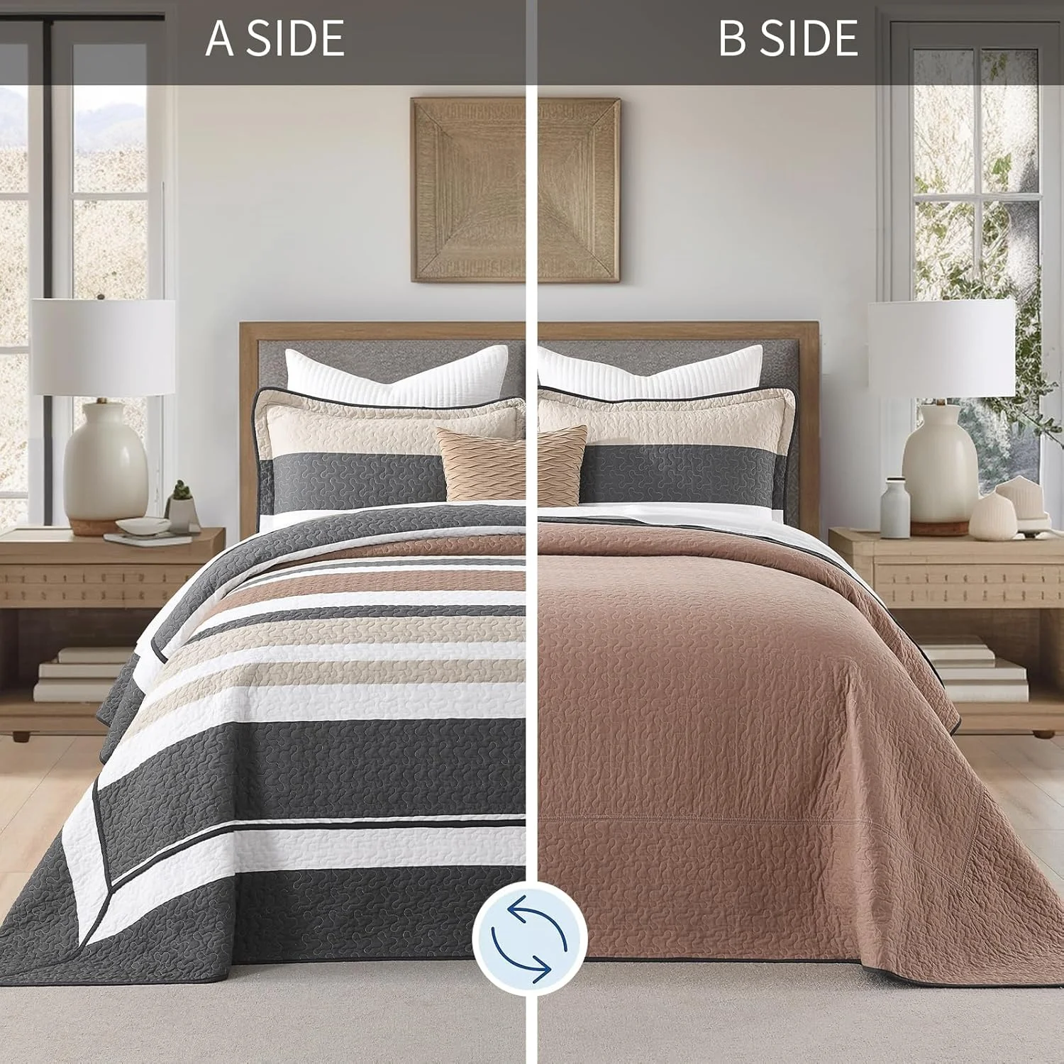 روتختی کینگ سایز بزرگ FineStichery ابعاد 325x305 سانتی متر - ست لحاف راه راه فوق العاده پهن 100% پنبه با روبالشتی، ست روتختی لحافی نرم و سبک وزن، مناسب تمام فصول، زغالی/قهوه ای/بژ روتختی کینگ سایز بزرگ FineStichery ابعاد 325x305 سانتی متر - ست لحاف راه راه فوق العاده پهن 100% پنبه با روبالشتی، ست روتختی لحافی نرم و سبک وزن، مناسب تمام فصول، زغالی/قهوه ای/بژ