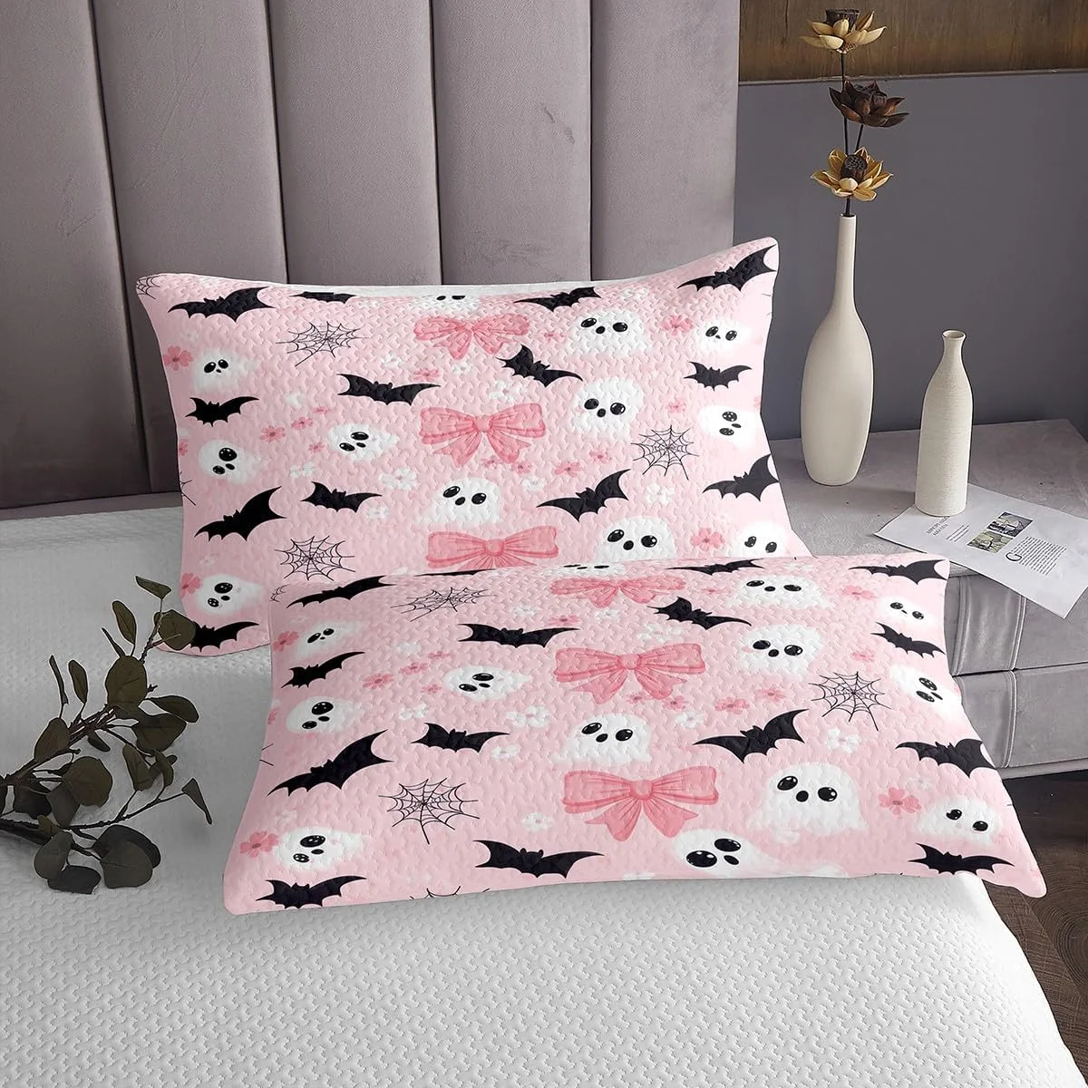 Feelyou Happy Halloween Bedspread Queen Size Cute Ghost Bow Coverlet Set Pink Black White Quilted Coverlet for All Season with 2 Pillowcases Bats Cobweb Microfiber Lightweight Feelyou Happy Halloween Bedspread Queen Size Cute Ghost Bow Coverlet Set Pink Black White Quilted Coverlet for All Season with 2 Pillowcases Bats Cobweb Microfiber Lightweight