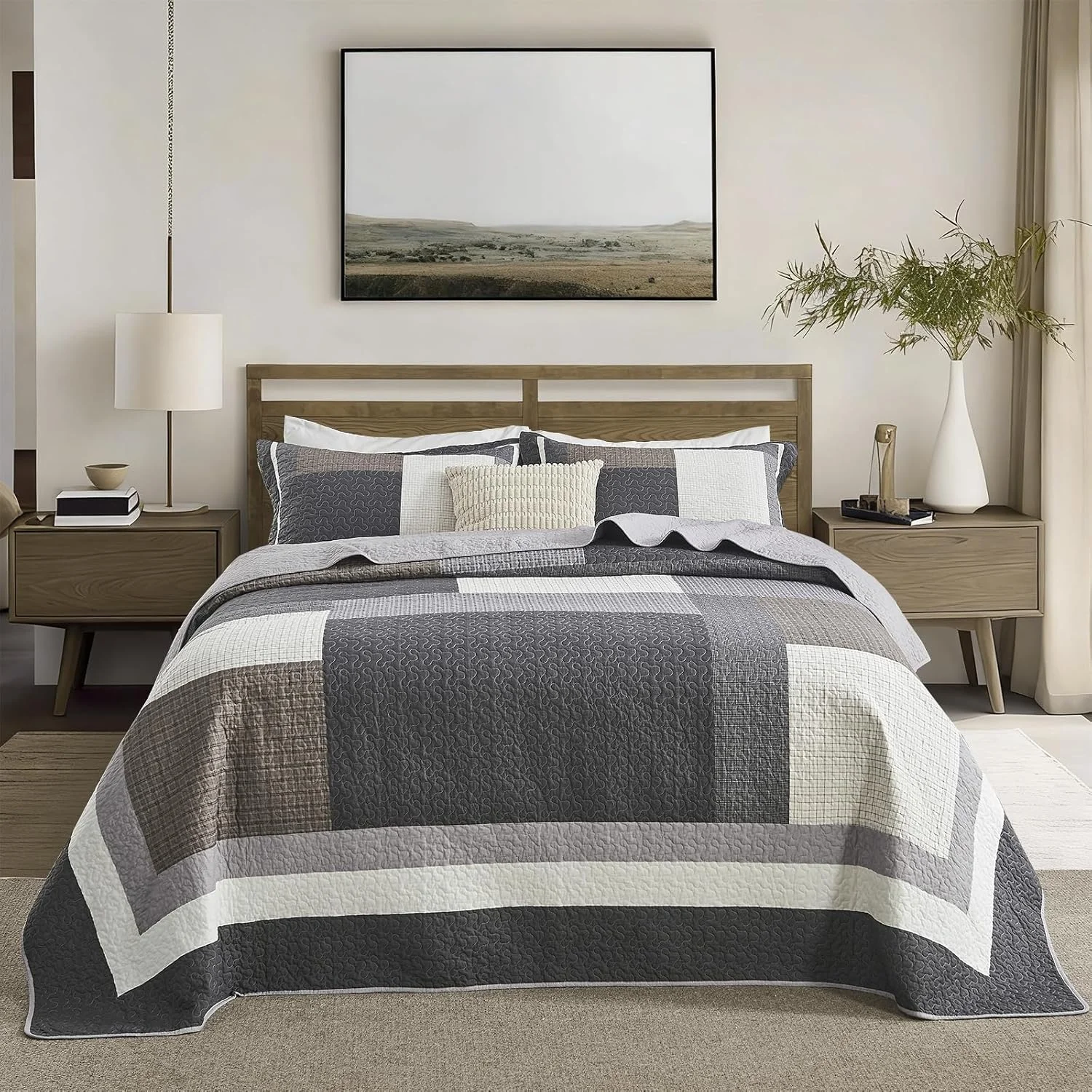 روتختی کینگ سایز بزرگ 325x305 فوق عریض - ست لحاف کالیفرنیا کینگ طرح شطرنج نامنظم مزرعه، ست روتختی سبک وزن 3 تکه، کالیفرنیا کینگ، خاکستری/سفید روتختی کینگ سایز بزرگ 325x305 فوق عریض - ست لحاف کالیفرنیا کینگ طرح شطرنج نامنظم مزرعه، ست روتختی سبک وزن 3 تکه، کالیفرنیا کینگ، خاکستری/سفید