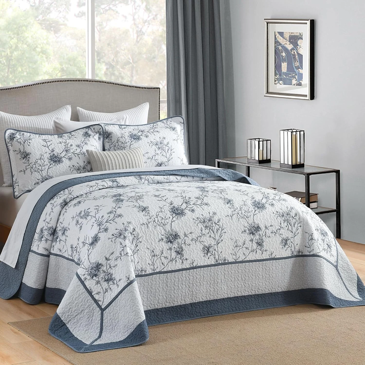 روتختی کینگ سایز بزرگ فاین استیچری 305x305 سانتی متر، لحاف طرح گل سوپر کینگ 100% پنبه ای، رو تختی دو رو، ست روتختی لحافی سبک وزن طرح خانه روستایی 3 تکه
