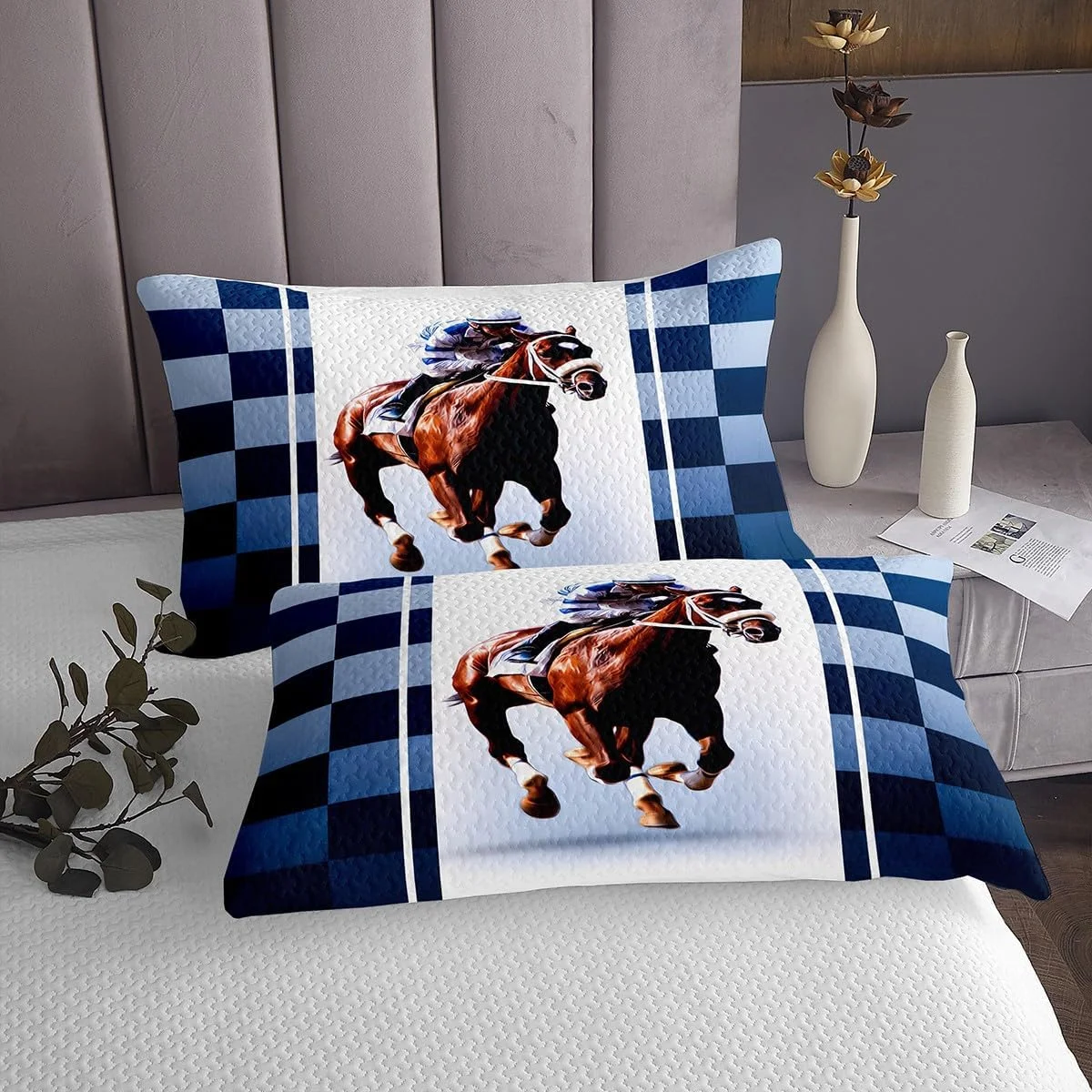 روتختی طرح اسب Jejeloiu سایز کوئین، ست رو تختی طرح اسب در حال تاخت و تاز، رو تختی لحافی طرح گاوچران های وسترن مناسب تمام فصول به همراه 2 روبالشتی، میکروفایبر سبک وزن طرح خانه روستایی آبی قهوه ای