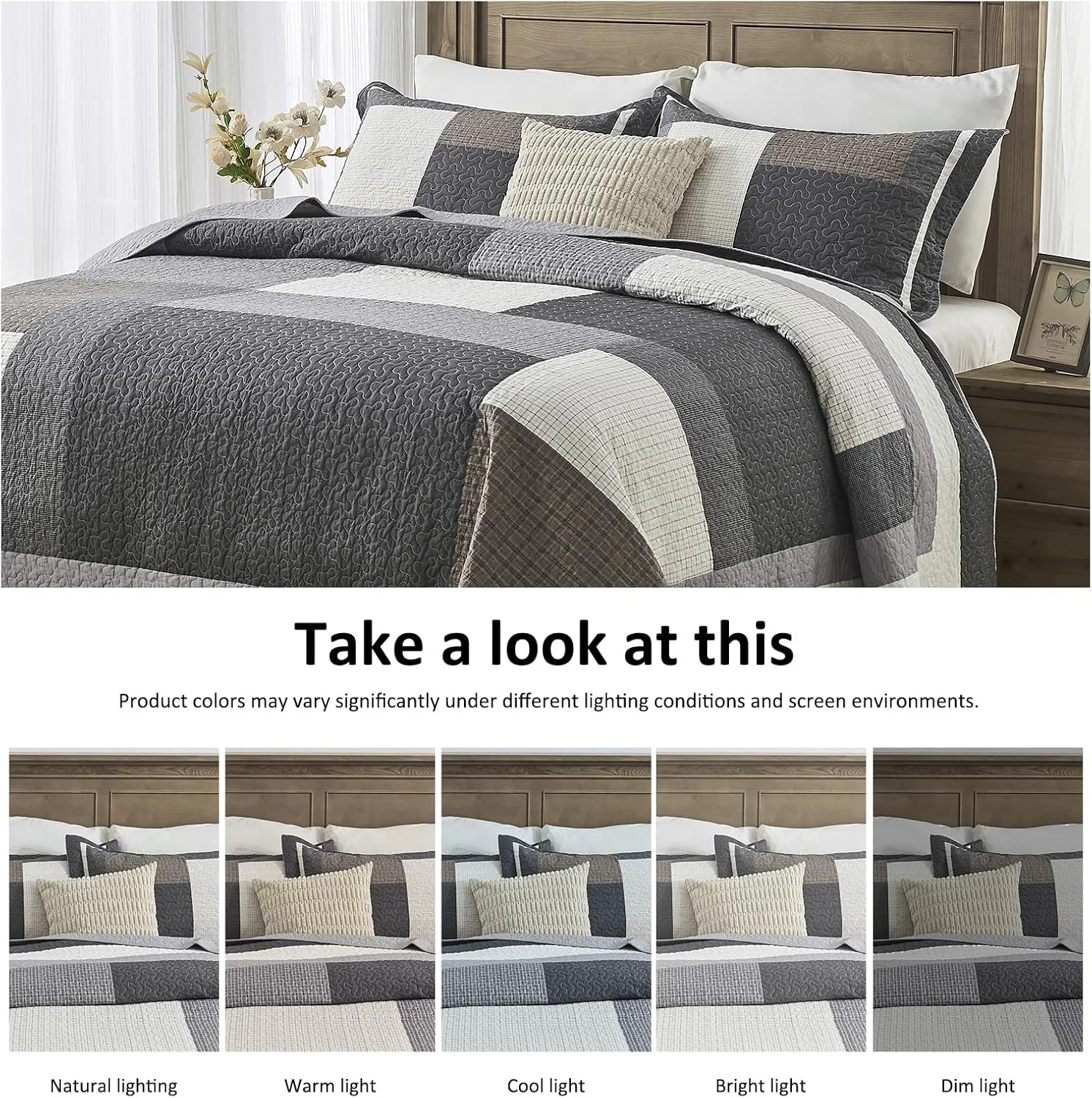 Finlonte 128"x120" Oversized King Bedspread - 100% Cotton Lightweight California King Quilted Coverlet Set, Modern Farmhouse Plaid Reversible Quilt Bedding with 2 Pillow Shams, Black/White/Brown/Gray