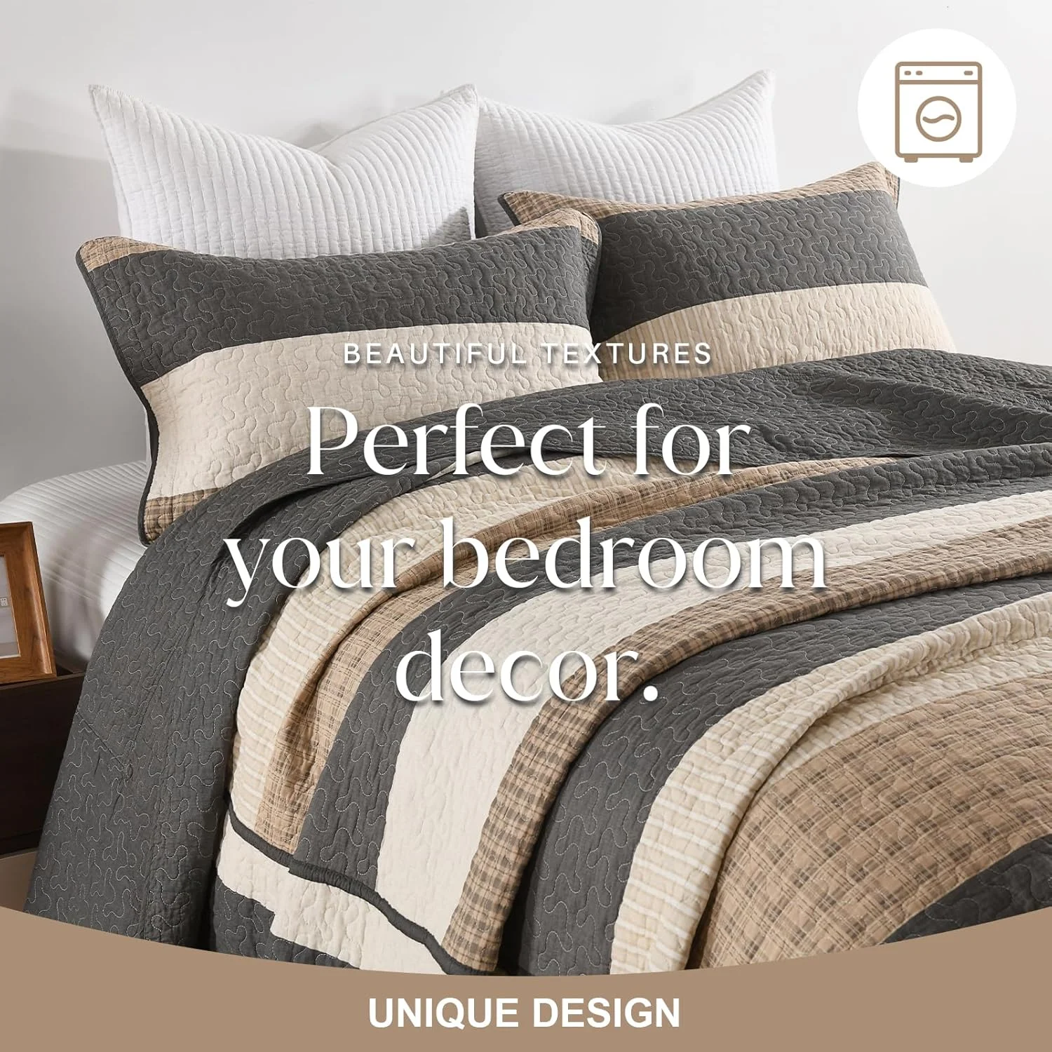 FineStichery 100% Cotton Oversized King Bedspread, 128x120 Extra Wide Quilt Set, Farmhouse Striped Quilted Bedding Set, Lightweight Soft Comforter, 3 Piece, Charcoal/Brown/Beige FineStichery 100% Cotton Oversized King Bedspread, 128x120 Extra Wide Quilt Set, Farmhouse Striped Quilted Bedding Set, Lightweight Soft Comforter, 3 Piece, Charcoal/Brown/Beige