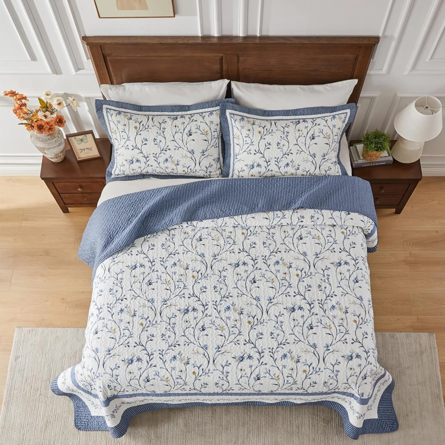 Bedduvit Blue Floral Oversized King Bedspread Set - 100% Cotton 120"x120" Extra Large Quilts King Size, Farmhouse Botanical Bedspreads Coverlet, All Season Lightweight Quilt, 3pcs, Blue/White/Yellow