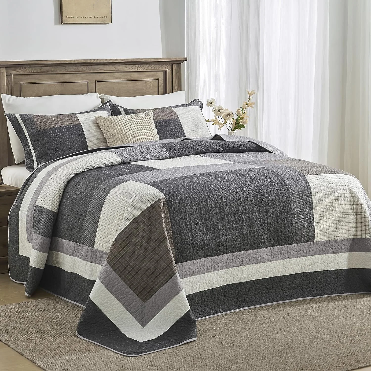 روتختی پنبه ای بسیار بزرگ DDUOXIN مناسب تخت کینگ سایز، عرض 325 سانتی متر در طول 305 سانتی متر - لحاف کالیفرنیا کینگ سبک وزن به همراه 2 روبالشتی، روتختی های دو رو طرح مزرعه، ذغالی طوسی/طوسی/قهوه ای/سفید