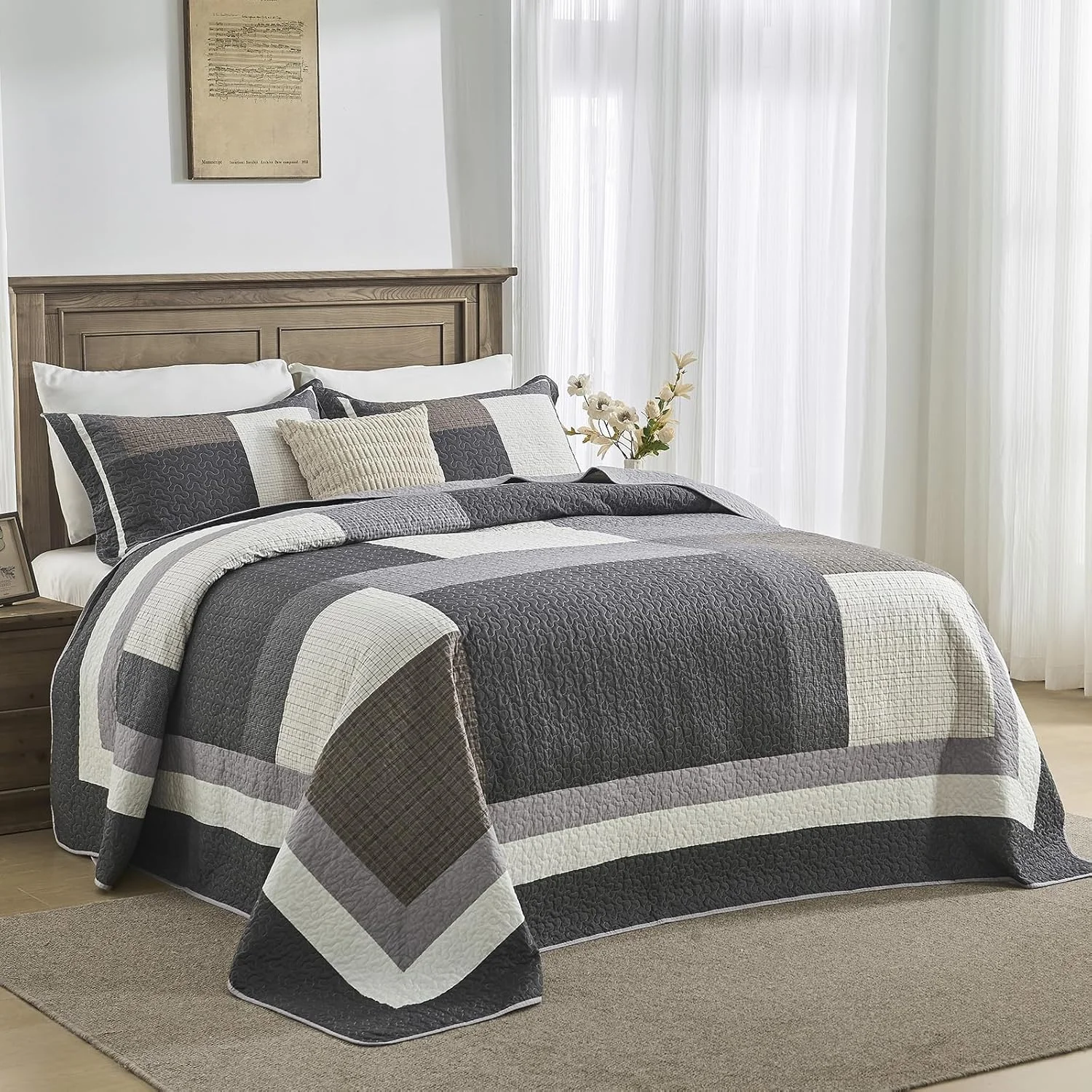 روتختی کینگ سایز بزرگ 325x305 فوق عریض - ست لحاف کالیفرنیا کینگ طرح شطرنج نامنظم مزرعه، ست روتختی سبک وزن 3 تکه، کالیفرنیا کینگ، خاکستری/سفید