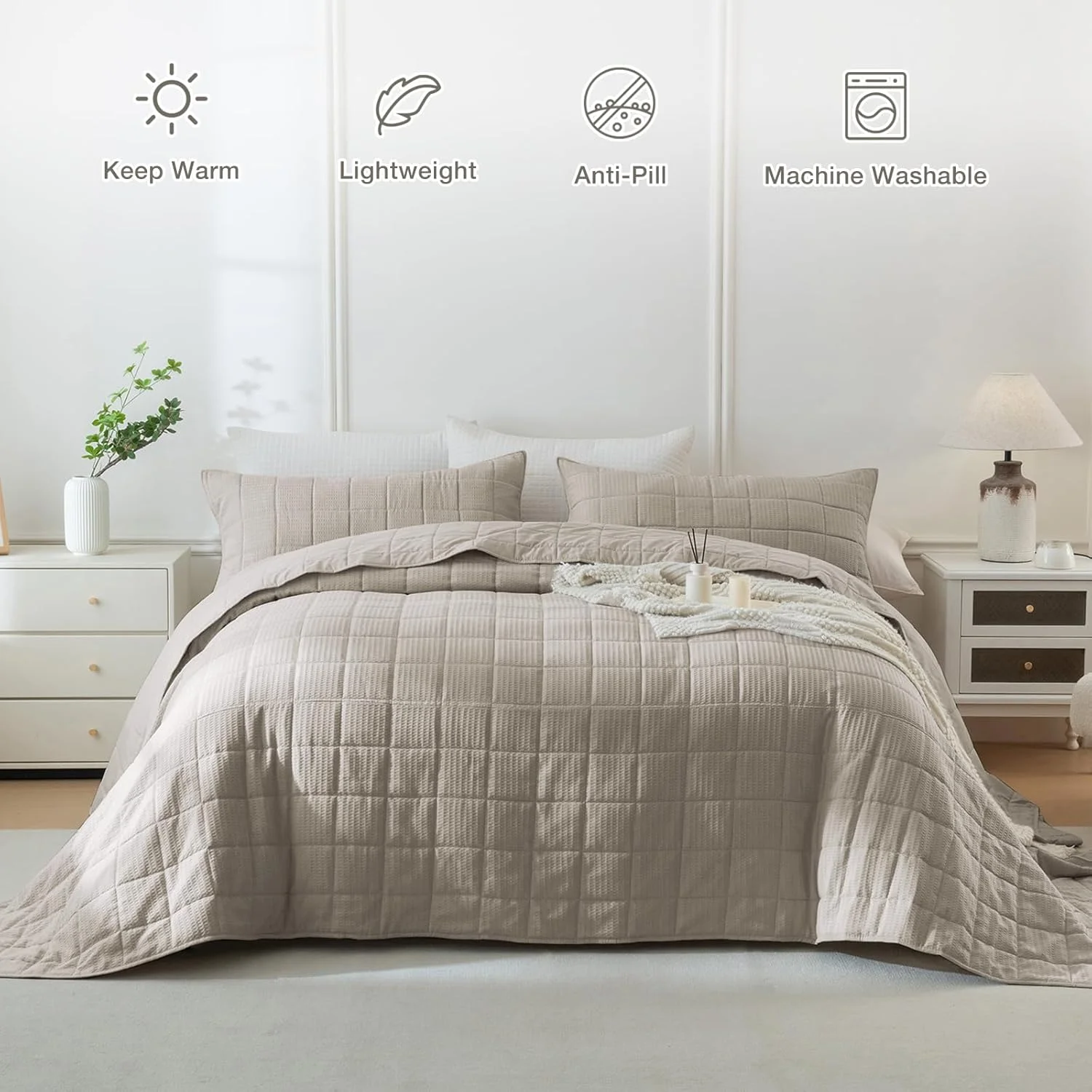 لحاف بزرگ کینگ ماساکا، 325x305 سانتی‌متر، بافت وافل خاکی تیره، روتختی بزرگ کینگ، 3 تکه، نرم، سبک وزن، مناسب تمام فصول، رو تختی بزرگ کالیفرنیا کینگ مناسب خانه های روستایی