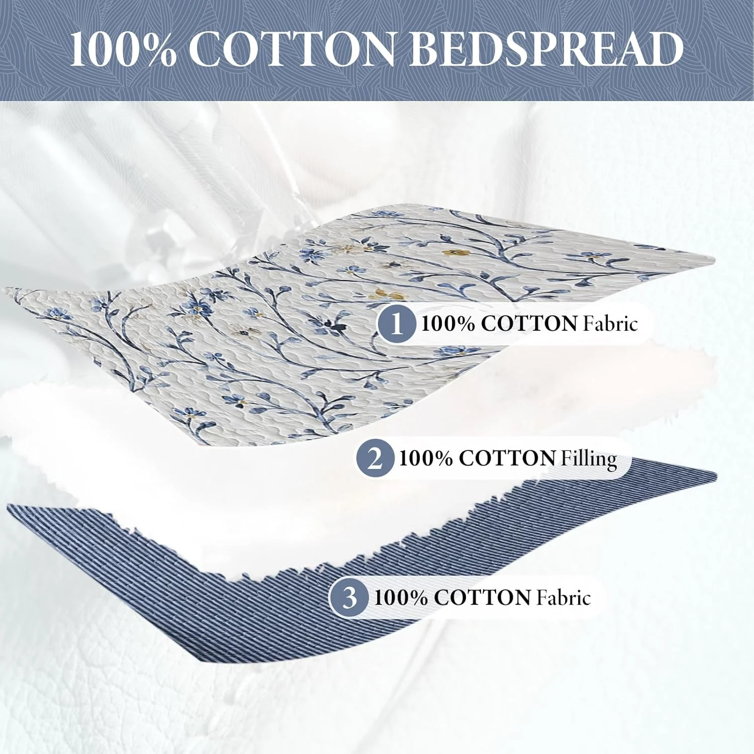 Bedduvit Blue Floral Oversized King Bedspread Set - 100% Cotton 120"x120" Extra Large Quilts King Size, Farmhouse Botanical Bedspreads Coverlet, All Season Lightweight Quilt, 3pcs, Blue/White/Yellow