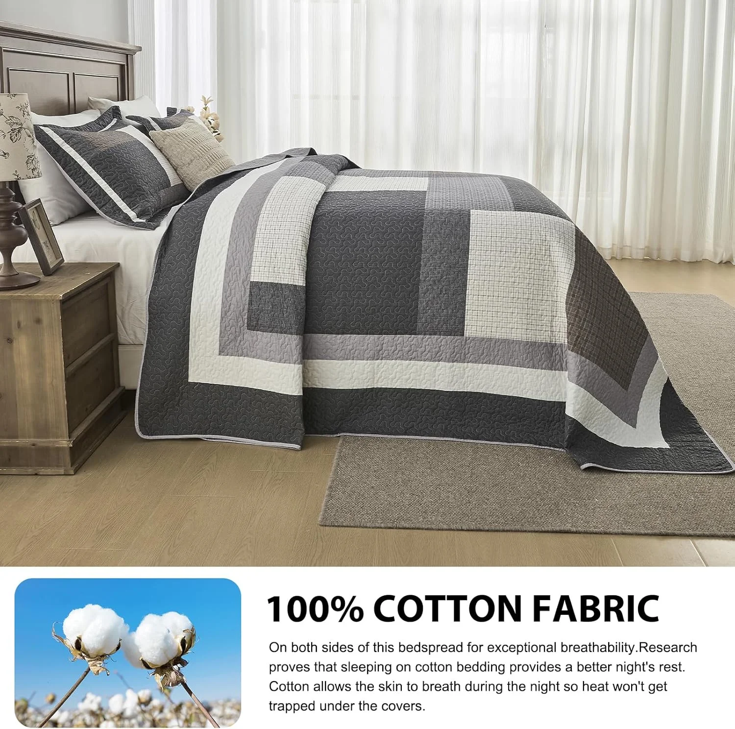 روتختی پنبه ای بسیار بزرگ DDUOXIN مناسب تخت کینگ سایز، عرض 325 سانتی متر در طول 305 سانتی متر - لحاف کالیفرنیا کینگ سبک وزن به همراه 2 روبالشتی، روتختی های دو رو طرح مزرعه، ذغالی طوسی/طوسی/قهوه ای/سفید