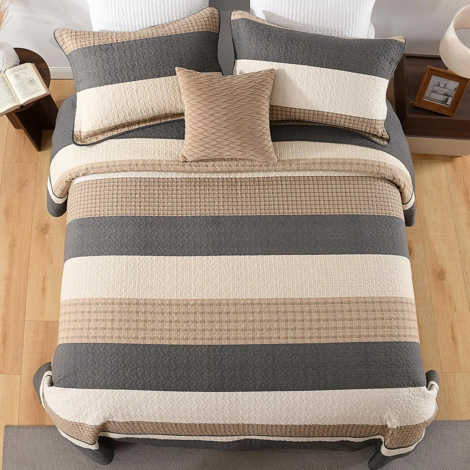 FineStichery 100% Cotton Oversized King Bedspread, 128x120 Extra Wide Quilt Set, Farmhouse Striped Quilted Bedding Set, Lightweight Soft Comforter, 3 Piece, Charcoal/Brown/Beige FineStichery 100% Cotton Oversized King Bedspread, 128x120 Extra Wide Quilt Set, Farmhouse Striped Quilted Bedding Set, Lightweight Soft Comforter, 3 Piece, Charcoal/Brown/Beige