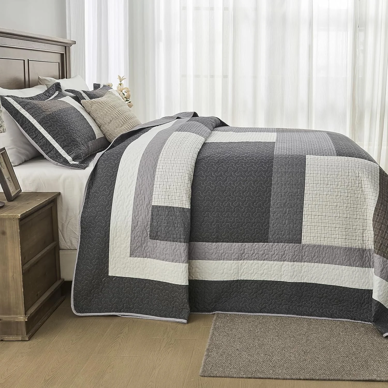 روتختی کینگ سایز بزرگ 325x305 فوق عریض - ست لحاف کالیفرنیا کینگ طرح شطرنج نامنظم مزرعه، ست روتختی سبک وزن 3 تکه، کالیفرنیا کینگ، خاکستری/سفید